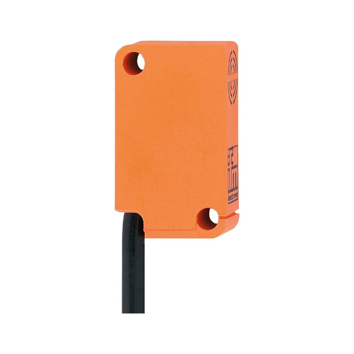 Ein rechteckiger, orangefarbener Sensor mit zwei Montagelöchern und einem Kabel unten.
