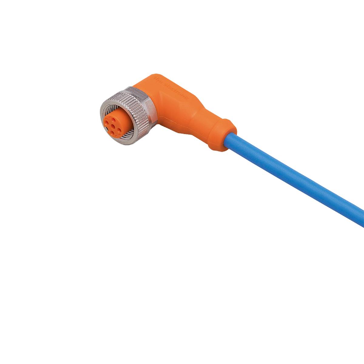 Ein blaues Kabel mit einem orangefarbenen Winkelstecker, speziell geformt für Industrieanwendungen, vor schwarzem Hintergrund.