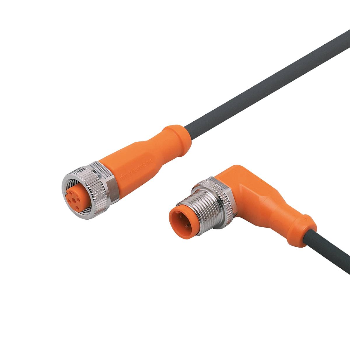 Ein oranges gewinkeltes M12-Kabel mit Metallverbindungen, liegend auf schwarzem Hintergrund, zeigt eine industrielle Verbindung.