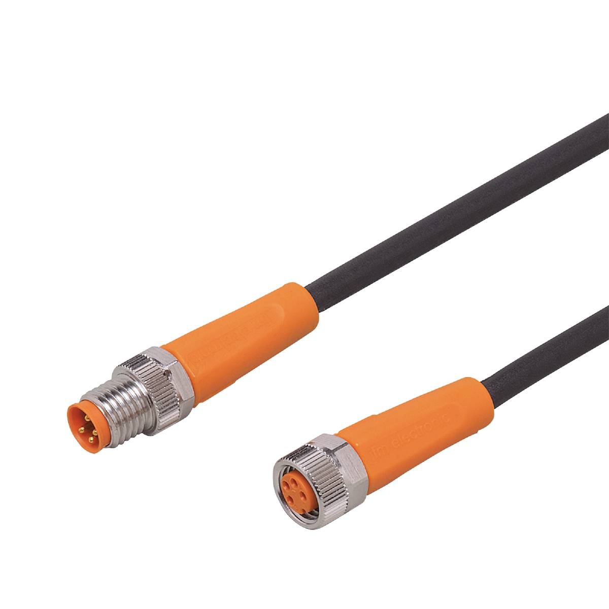 Zwei orange M8-Stecker, verbunden durch ein schwarzes Kabel, auf weißem Hintergrund.