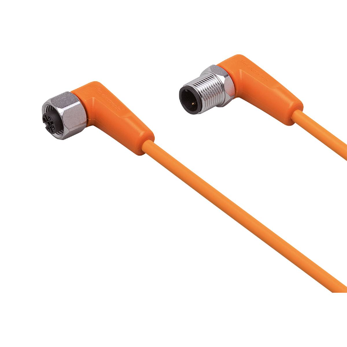 Zwei orangefarbene, winkelförmige Kabelstecker mit metallischen Gewinden liegen vor einem schwarzen Hintergrund nebeneinander.