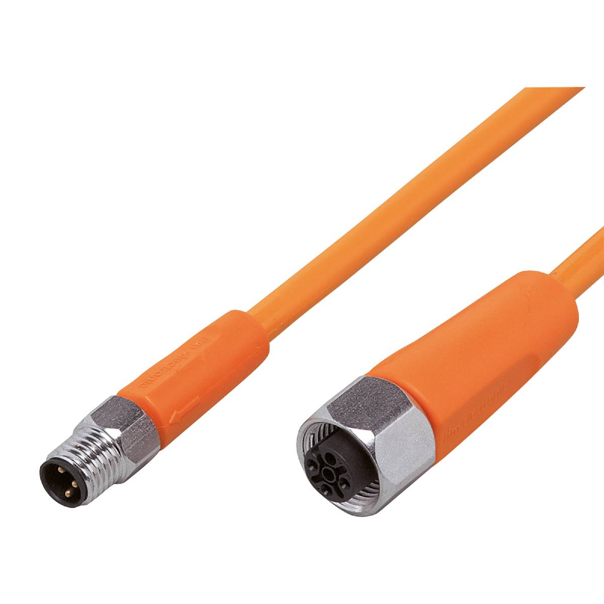 Ein orangefarbenes Kabel mit zwei verschiedenen Steckverbindern an den Enden, die für elektrische Anschlüsse verwendet werden.