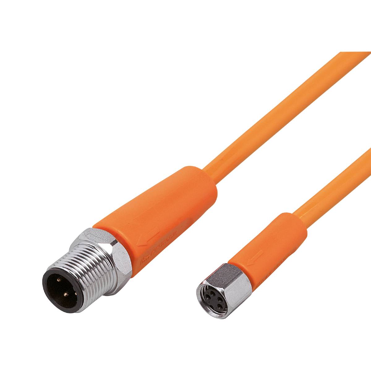 Ein orangefarbenes Kabel mit zwei unterschiedlichen Steckverbindern an jedem Ende, geeignet für industrielle Anwendungen.