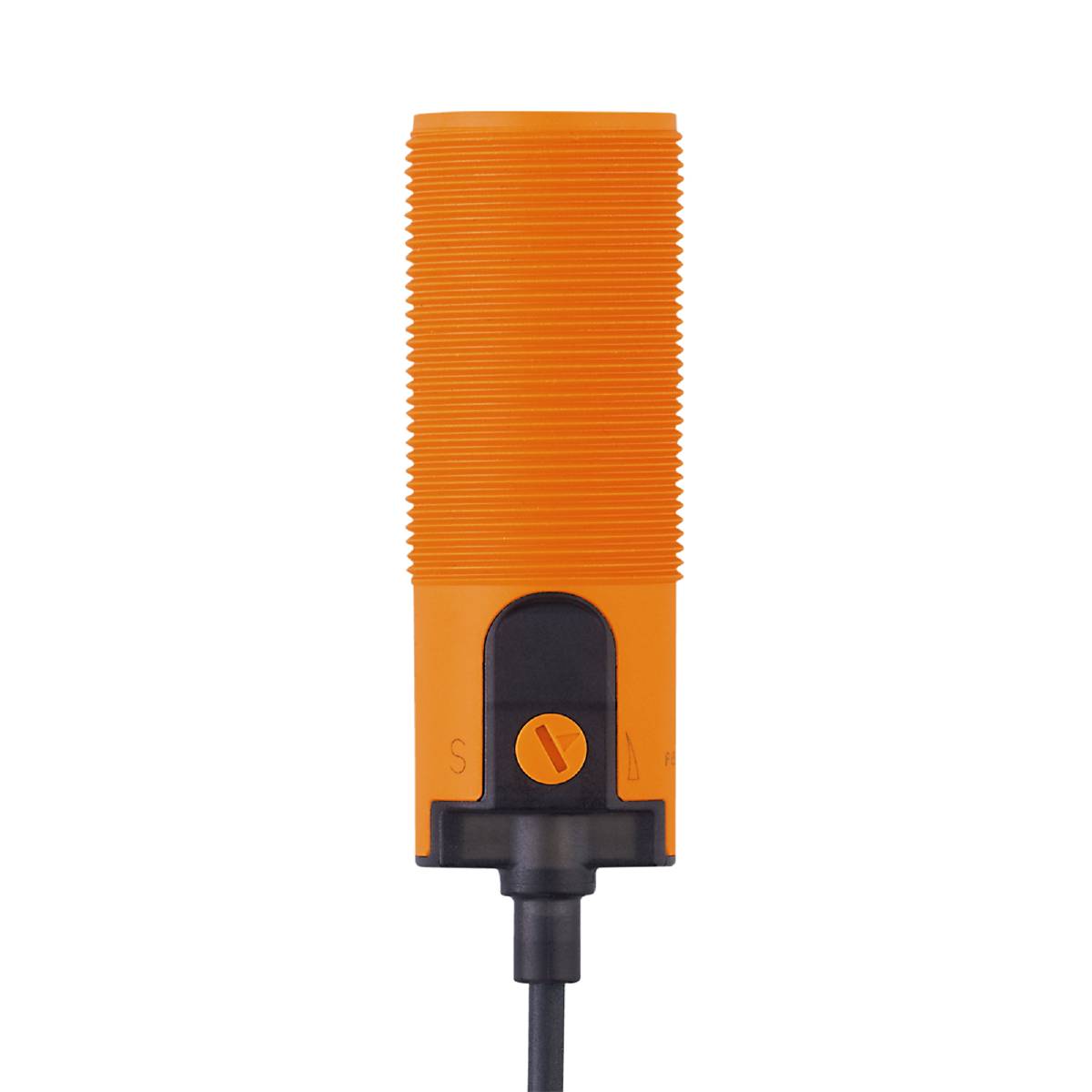 Ein orangefarbener zylindrischer Sensor mit schwarzen Details und Kabel auf schwarzem Hintergrund.