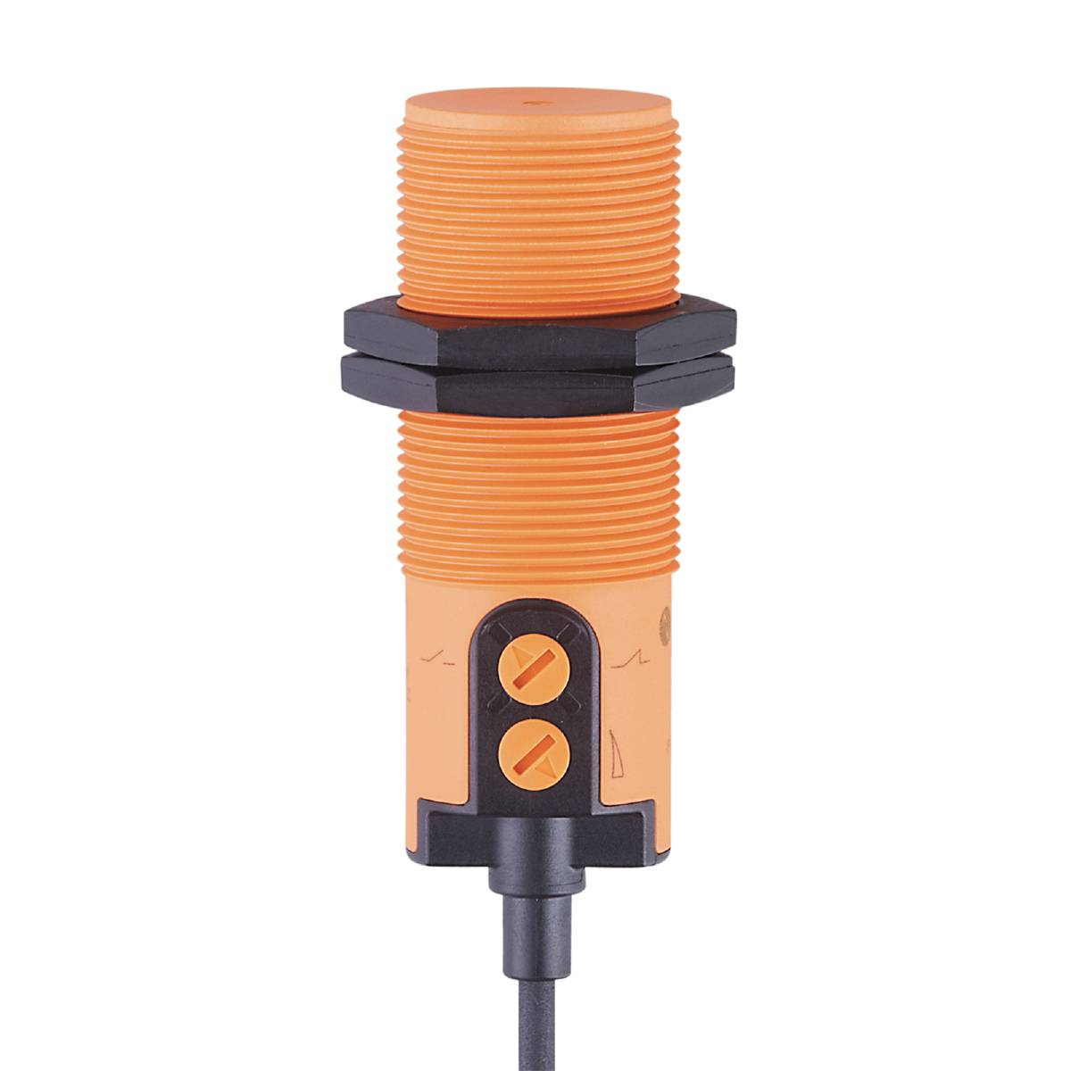 Ein berührungsloser Näherungssensor mit orangem Gehäuse und schwarzem Kabel. Verwendet zur Erfassung von Objekten in der Nähe.