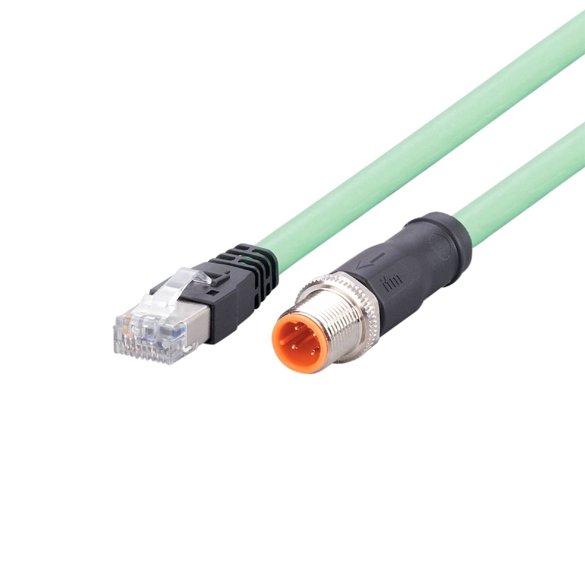 Ein grünes Ethernet-Kabel mit RJ45-Stecker links und einem runden industriellen Stecker rechts, auf schwarzem Hintergrund.