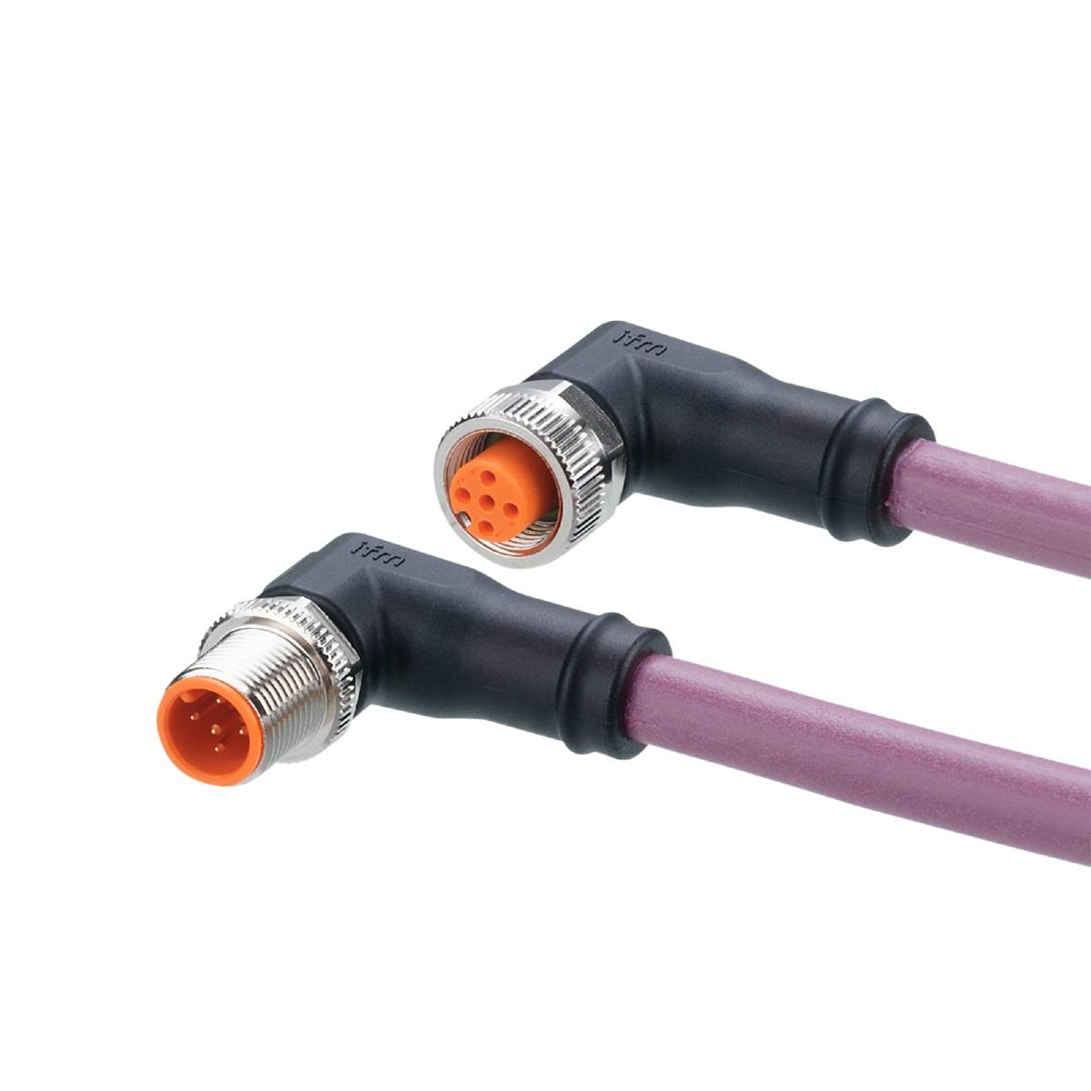 Zwei violette M12-Steckverbinder-Kabel mit orangefarbenen Enden, übereinanderliegend, auf schwarzem Hintergrund.