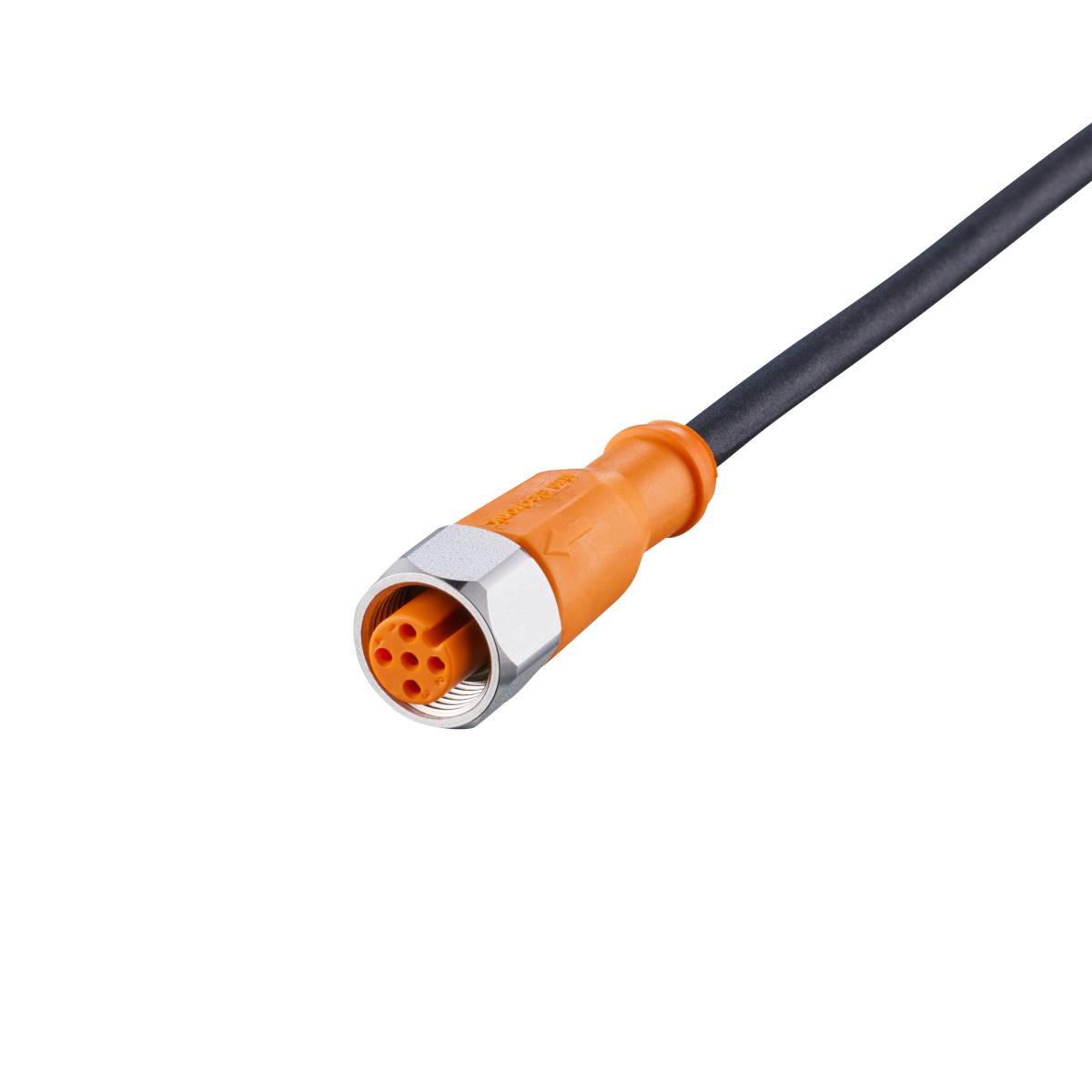 Ein orangefarbener elektrischer Stecker mit mehreren Pins vor einem schwarzen Hintergrund.