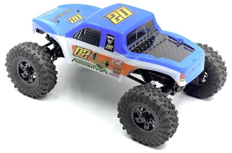 Ein blauer und weißer ferngesteuerter Monstertruck mit großen Reifen und der Nummer '102'.