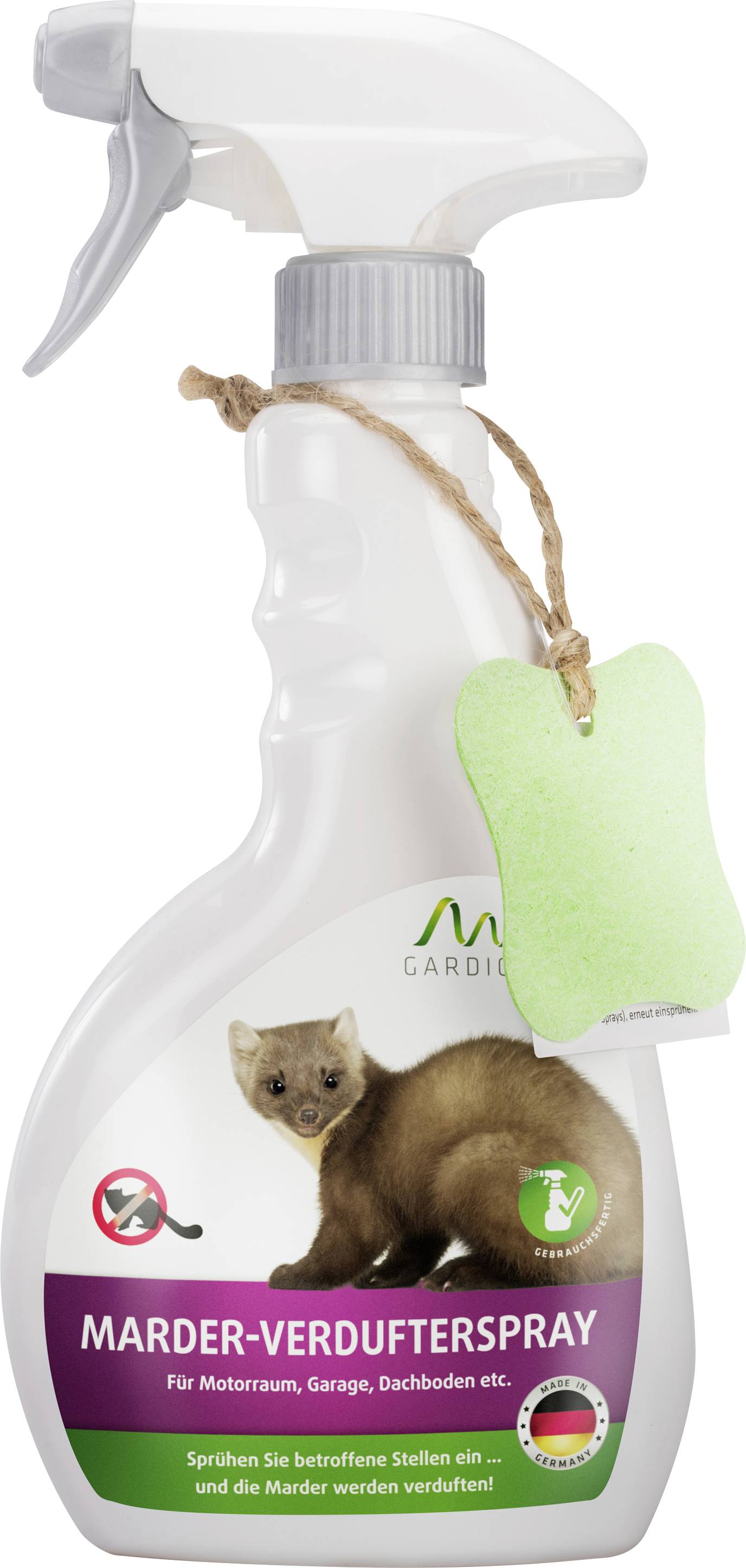 'Marder-Verdüfterspray' mit Bild eines Marders auf der Flasche, dient zur Abwehr von Mardern in Garagen und Dachböden.