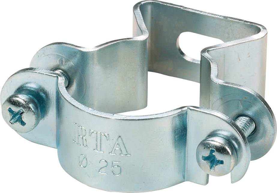 Metallische Rohrschelle mit Schrauben, geprägt mit 'Ø 25'. Sie dient zur Befestigung von Rohren oder Kabeln an Wänden oder Decken.