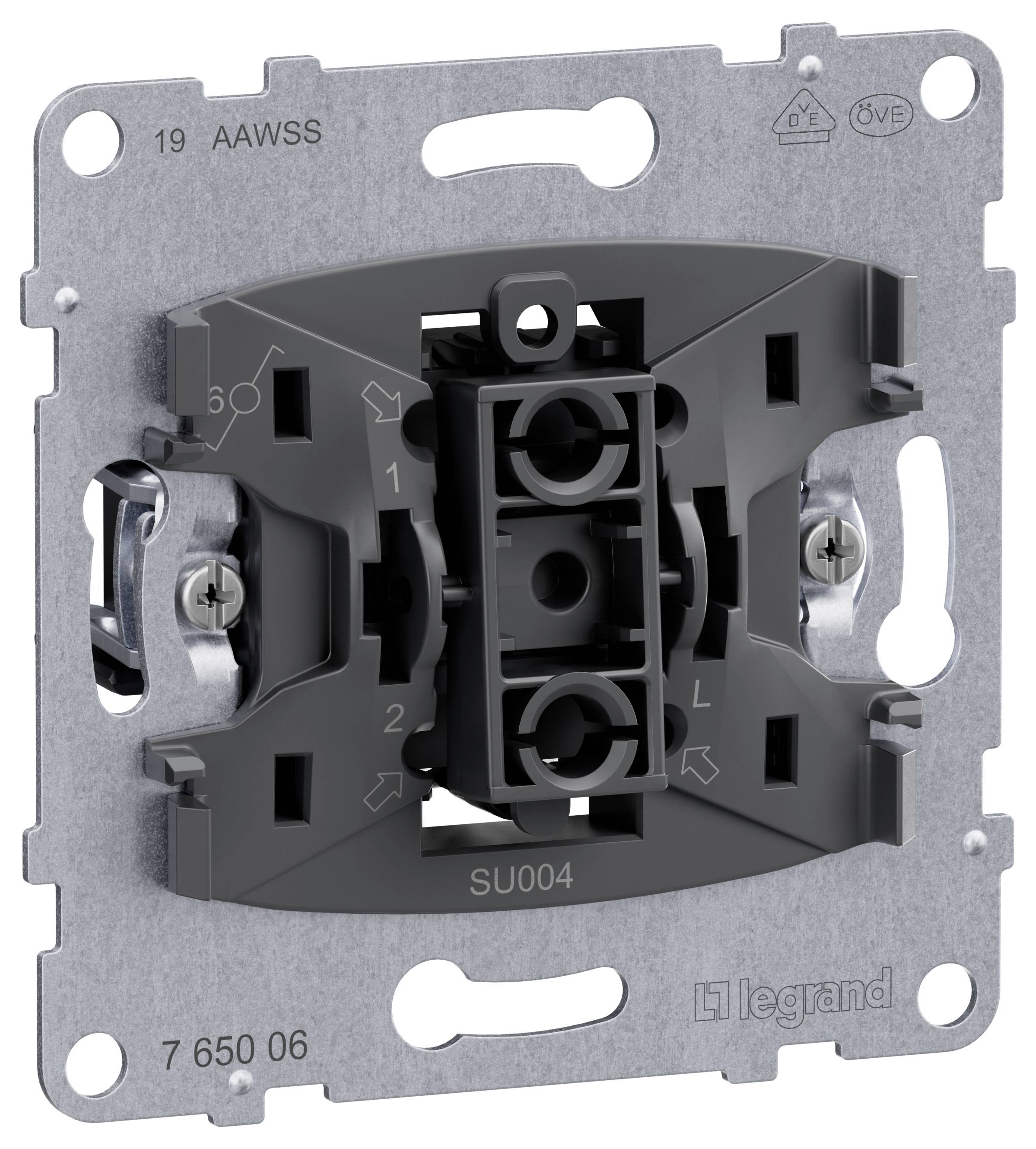 Metallrahmen mit schwarzem Plastikschalter, markiert mit SU004 und Legrand, bereit für die Installation in ein elektrisches System.