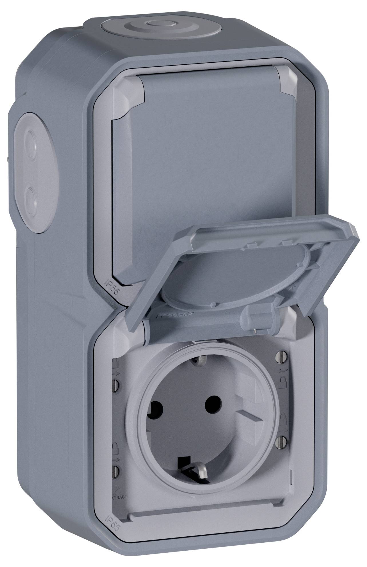 Legrand Komplett Aufputz, Doppelsteckdose, Schutzkontakt-Steckdose mit Klappdeckel Plexo Grau 069744L 1St.