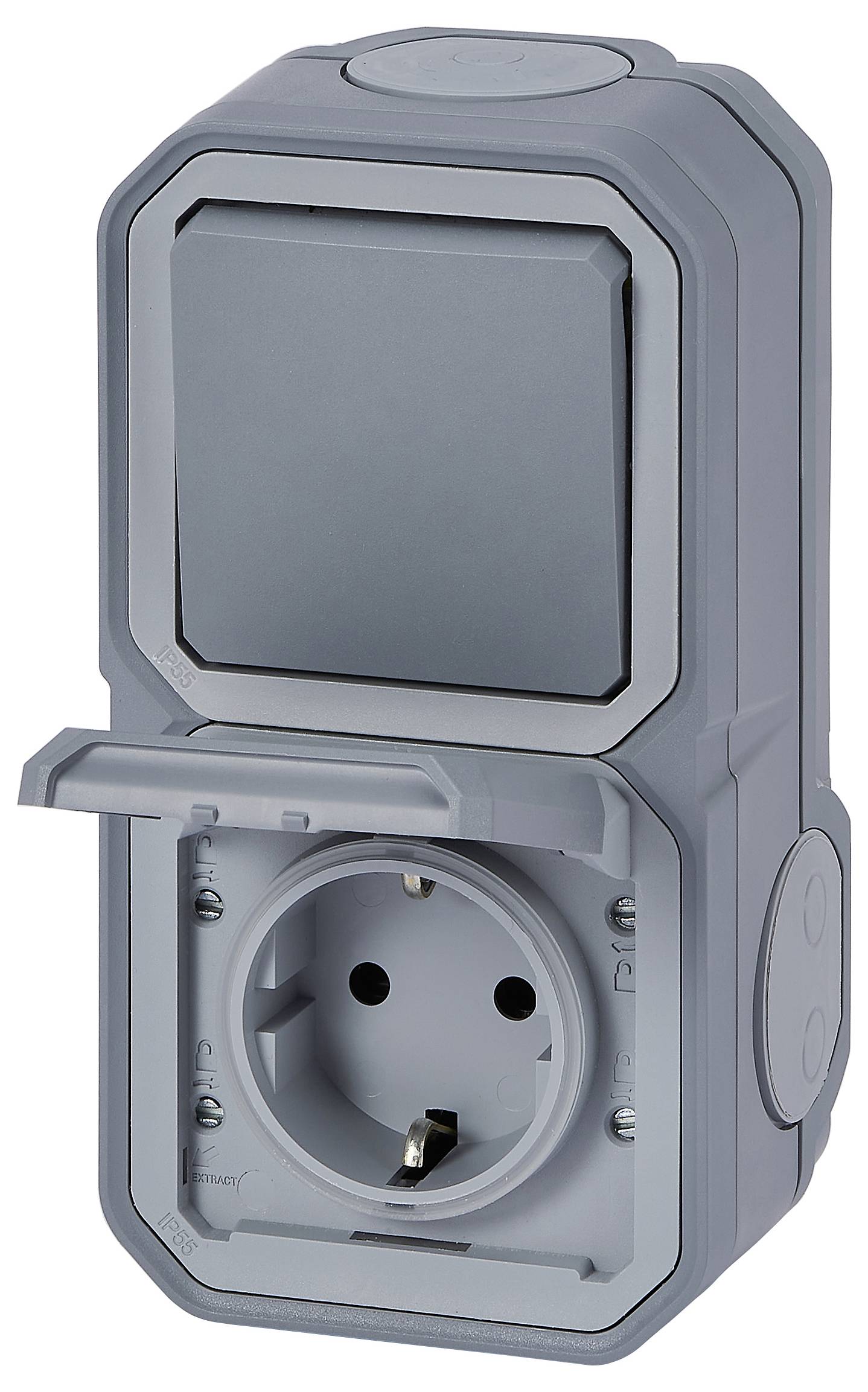 Eine graue Steckdose für den Außenbereich mit Schutzabdeckung, die offen ist und die Steckdose sichtbar macht.