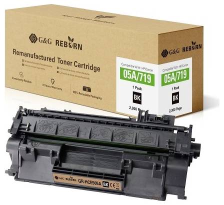 'Remanufactured Toner Cartridge' mit Kartons im Hintergrund; kompatibel mit HP-Druckern; Modellnummer 05A/719; Farbe Schwarz; 2.300 Seiten pro Packung.
