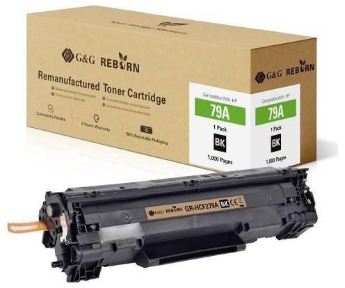 Schwarze Tonerpatrone mit Verpackung daneben. Aufschrift auf der Verpackung: 'Remanufactured Toner Cartridge', kompatibel mit HP 79A.