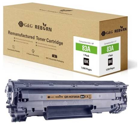 Schwarz-Tonerkartusche mit Verpackung. Aufschrift: 'Kompatibel mit HP 83A, 1 Pack, 1.500 Seiten'. Marke: G&G Reborn.