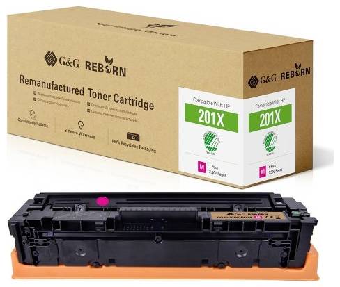 Die Abbildung zeigt eine 'G&G Reborn' Kartusche, kompatibel mit HP 201X, inklusive 3 Jahren Garantie und recycelbarer Verpackung.