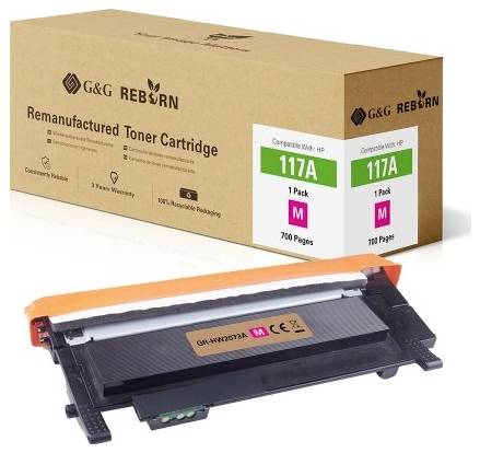 Tonerpatrone und Verpackung mit Aufschrift 'Remanufactured Toner Cartridge', kompatibel mit HP, 117A, Druckreichweite 700 Seiten.