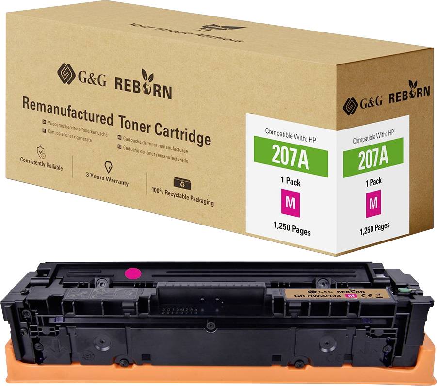 Tonerpatrone für HP, Modell 207A, Magenta, 1.250 Seiten Kapazität. Verpackung zeigt G&G Reborn Branding und Wiederaufbereitungshinweise.
