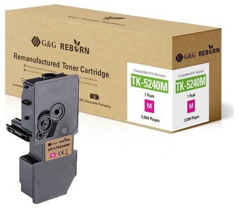 Tonerpatrone mit Aufschrift 'TK-5240M'. Verpackung daneben zeigt, dass sie für Kyocera-Geräte kompatibel ist und 3.000 Seiten druckt.