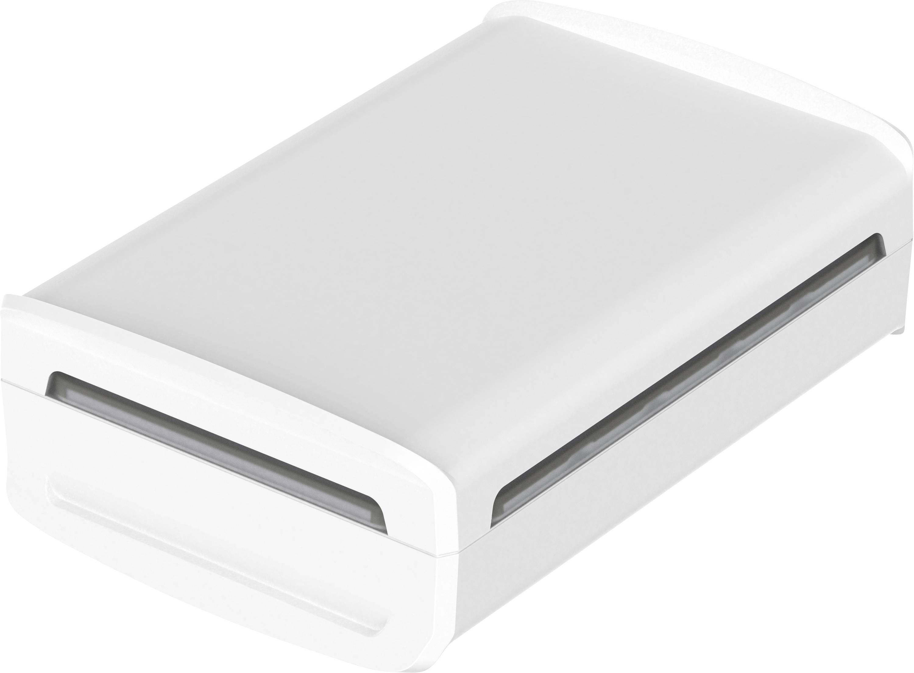 Weiße Plastikbox mit abgerundeten Ecken, geschlossen. Sie hat eine rechteckige Form und glatte Oberfläche.