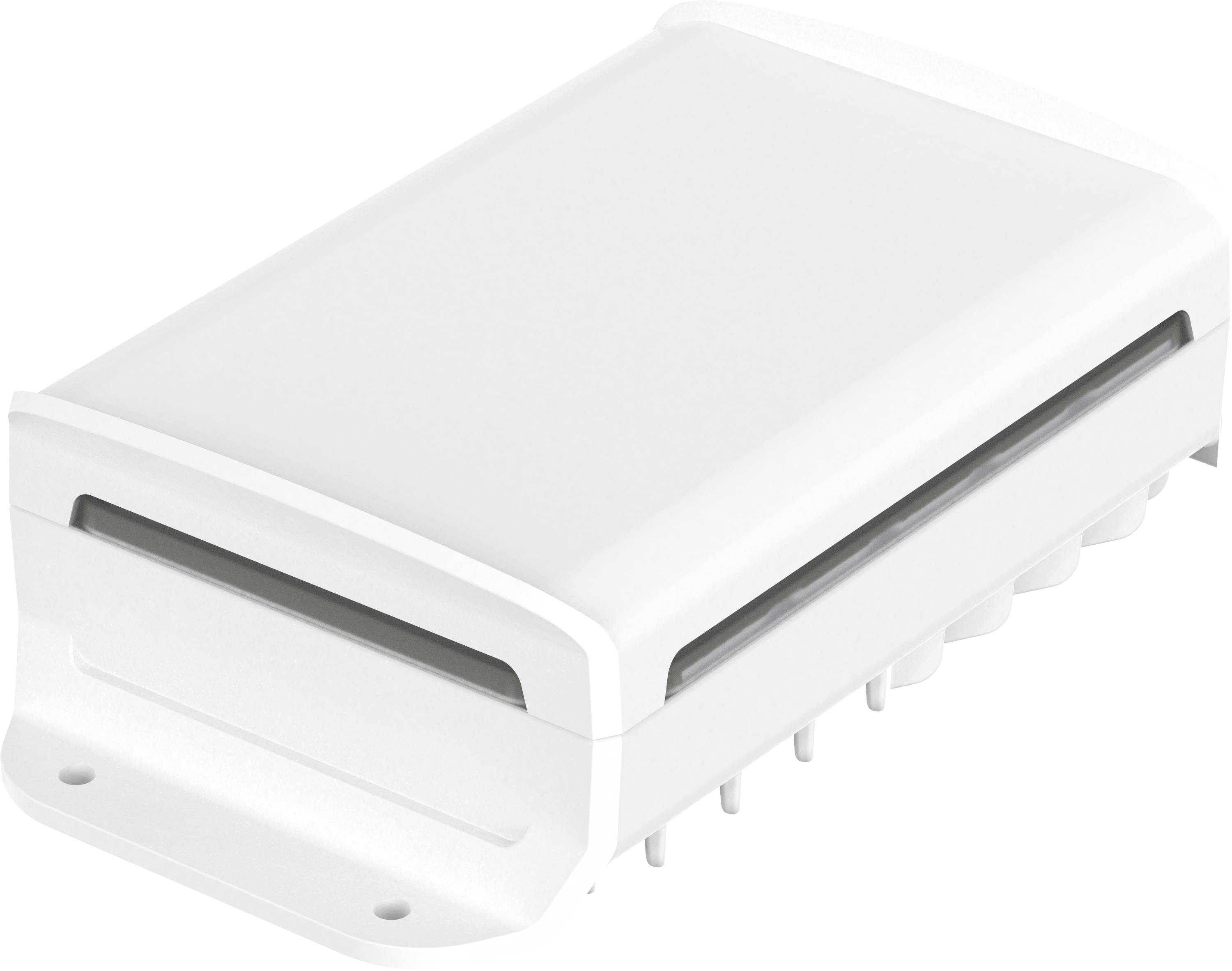 Elektronisches Gerät in rechteckiger Form, hauptsächlich weiß, mit abgerundeten Ecken und mehreren Anschlüssen auf einer Seite.