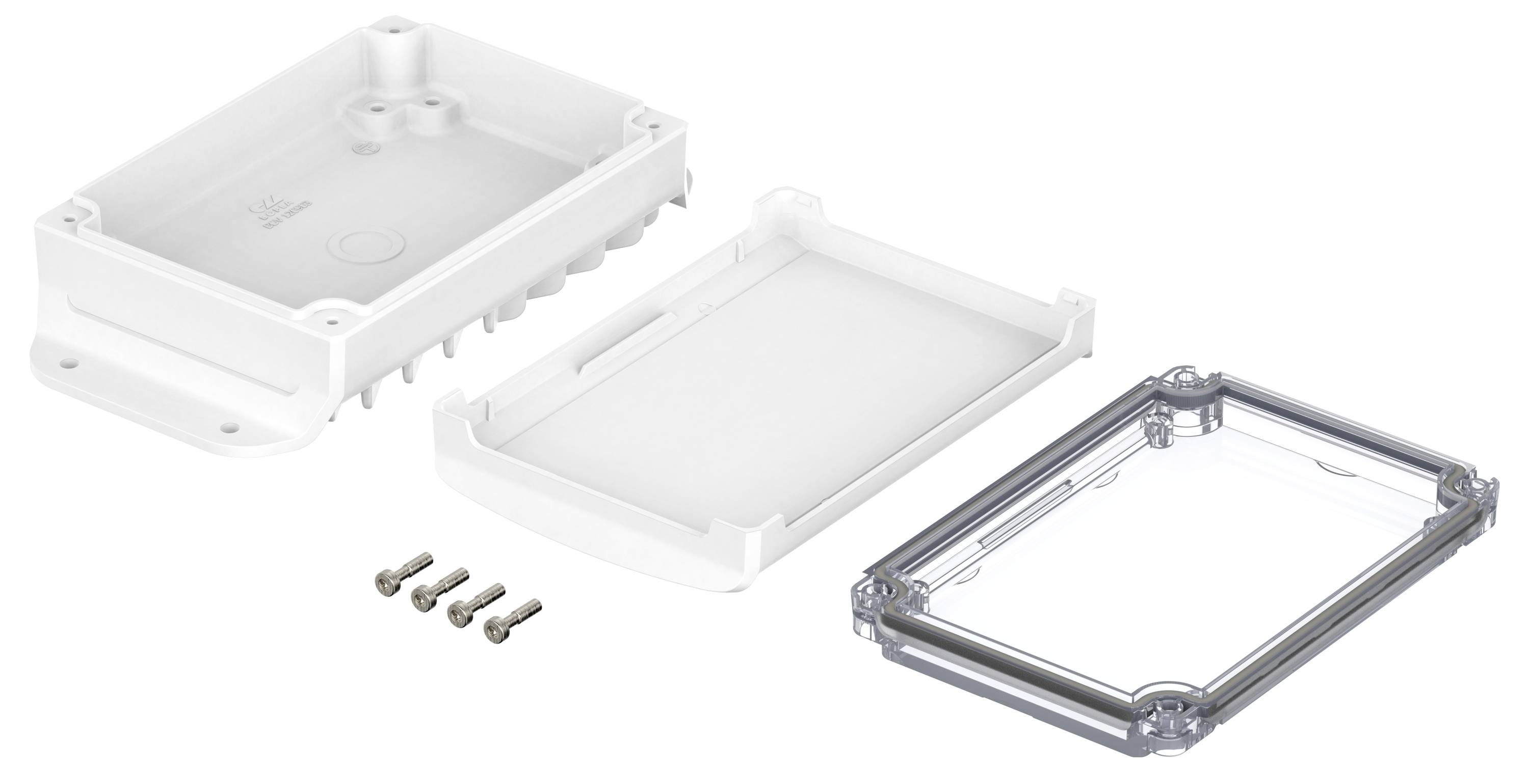 Elektronikgehäuse in drei Teilen: Boden, Abdeckung und durchsichtiger Deckel. Vier Schrauben zur Montage liegen daneben.