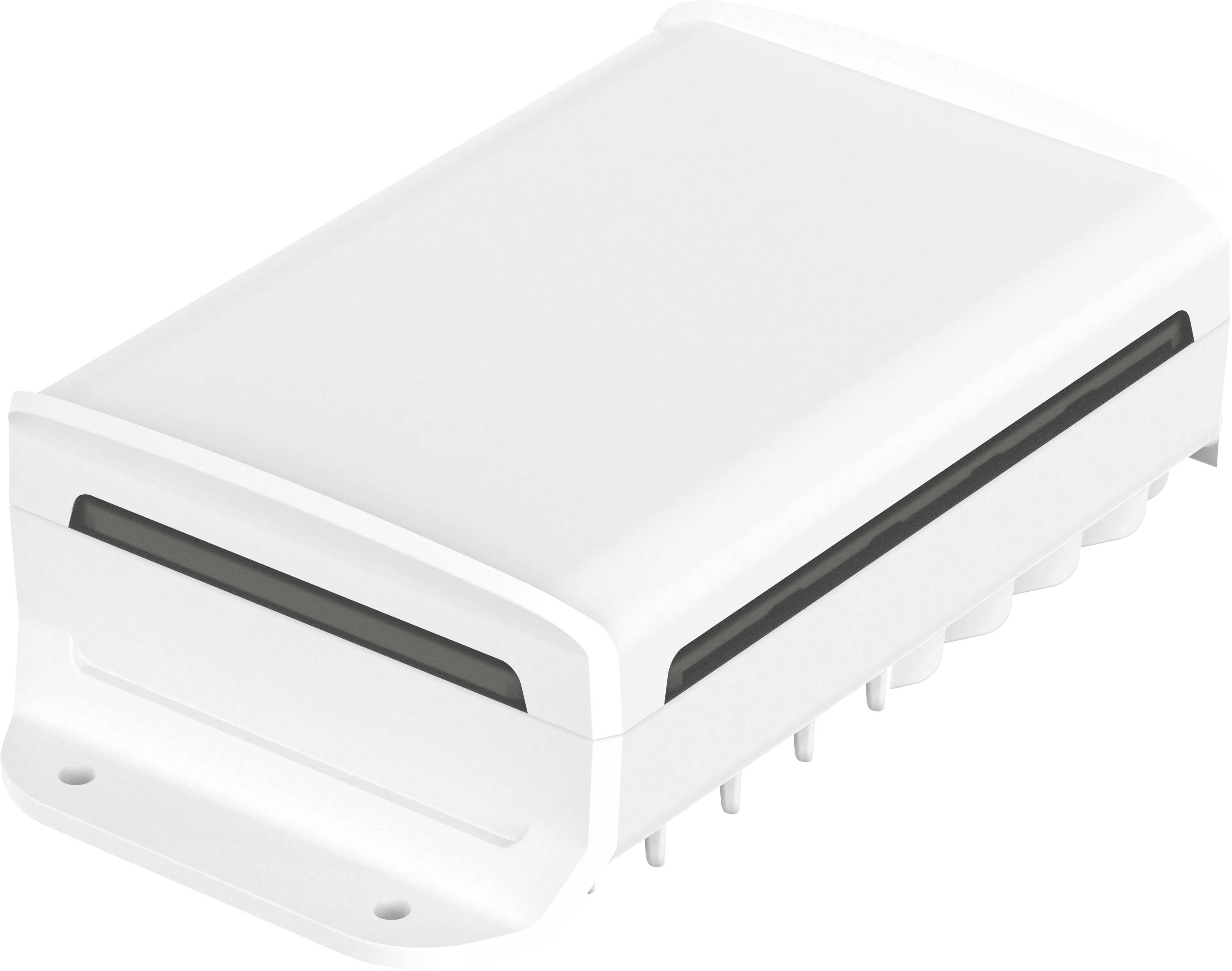 Ein weißes rechteckiges elektronisches Gerät mit glatter Oberfläche und seitlichen Lüftungsschlitzen.
