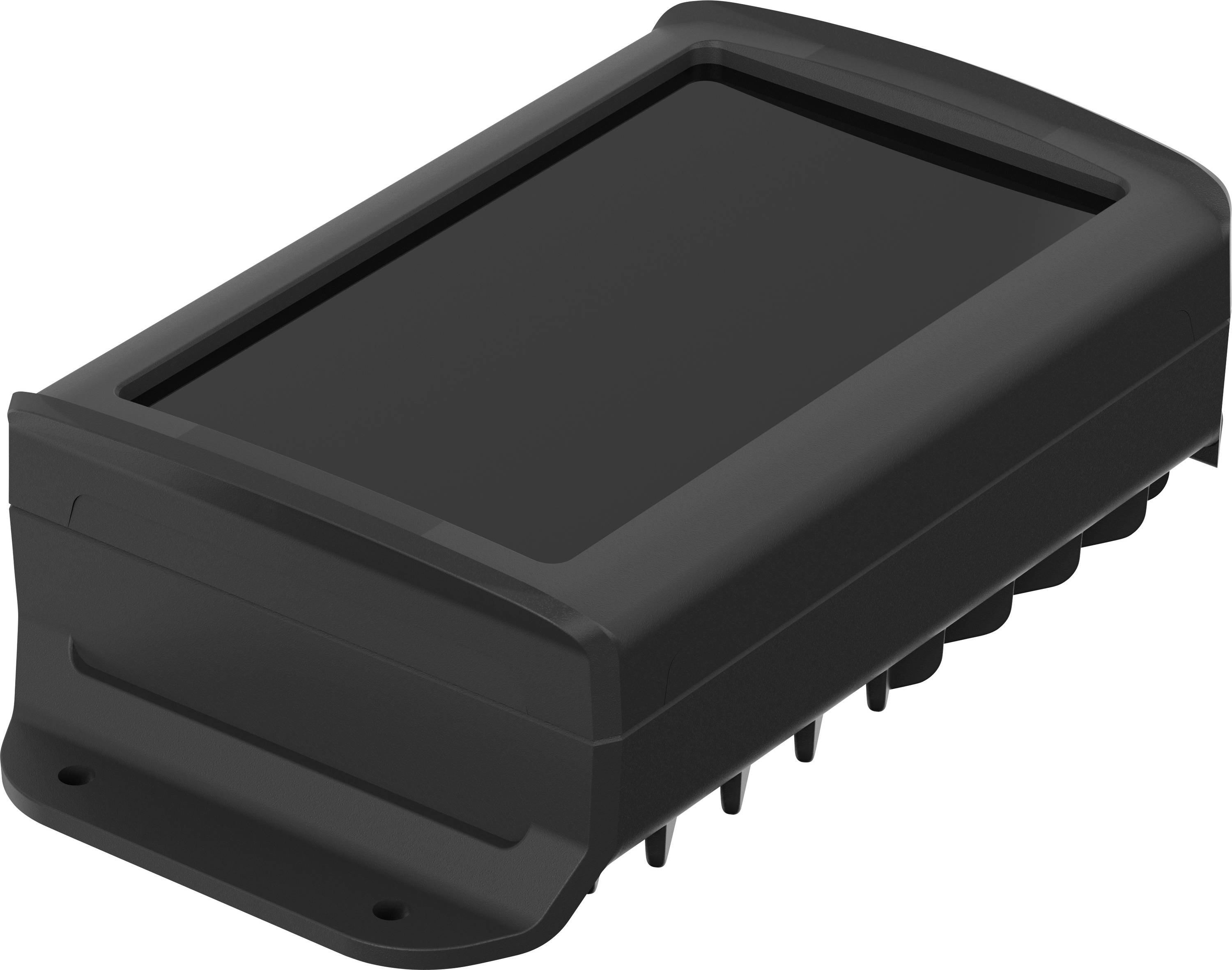 Ein rechteckiges, schwarzes elektronisches Gerät mit abgerundeten Kanten und einer glatten Oberfläche, vermutlich ein Gehäuse.
