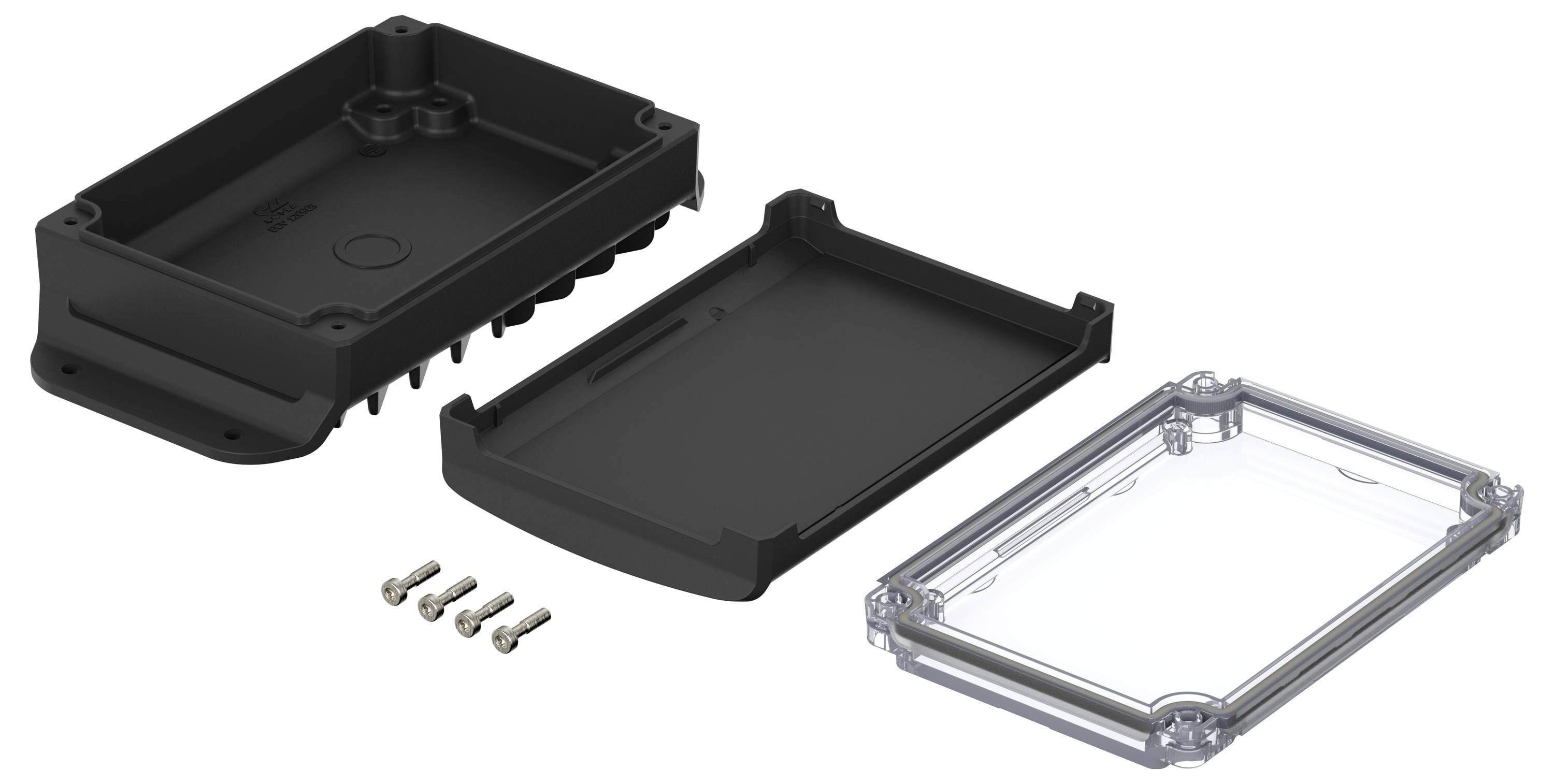 Gehäusebausatz mit drei Teilen: schwarze Basis, schwarzer Deckel und transparente Abdeckung. Vier Schrauben sind enthalten.