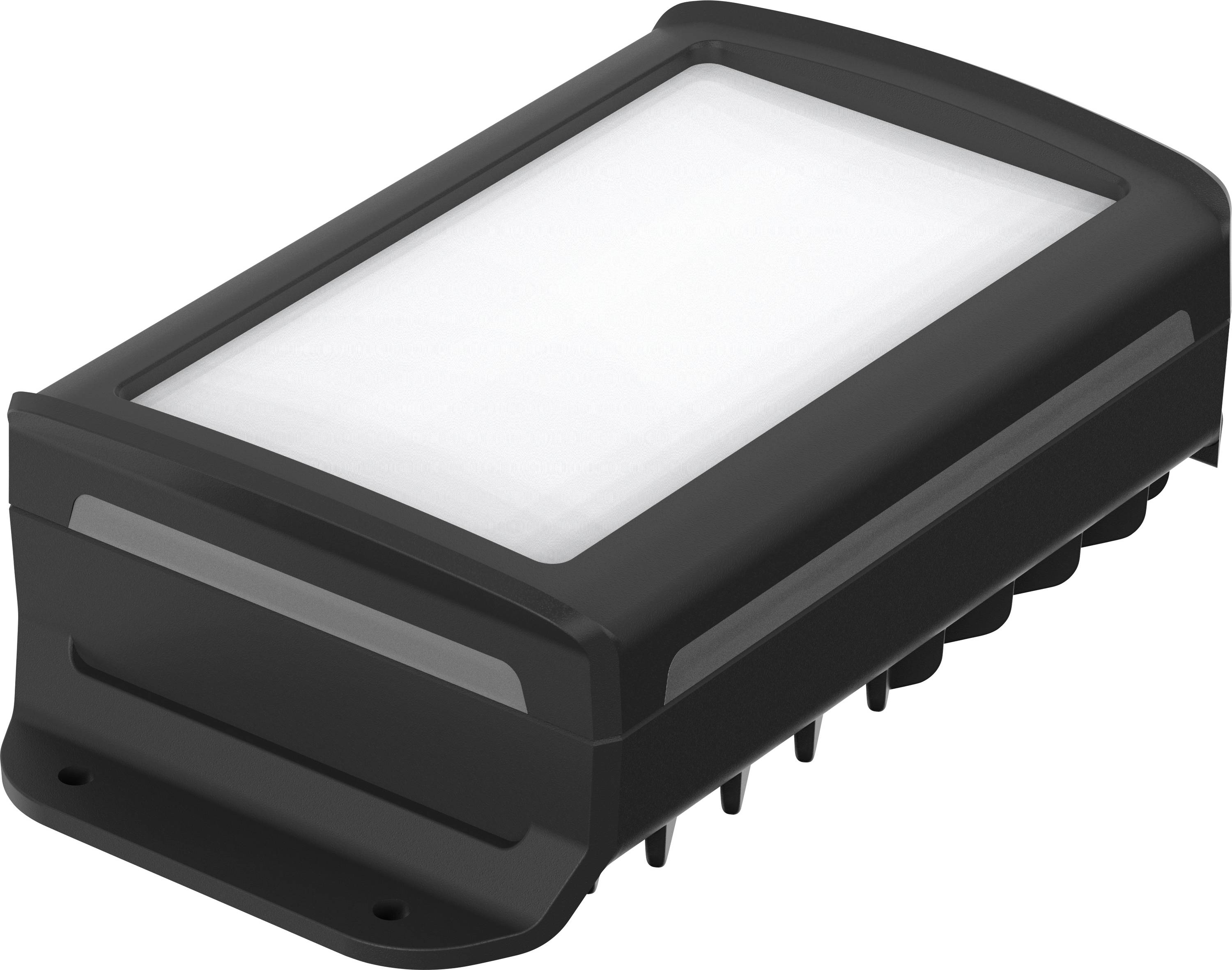 Ein rechteckiges, schwarzes LED-Licht für den Außenbereich mit weißer Abdeckung, geeignet zur Wand- oder Deckenmontage.