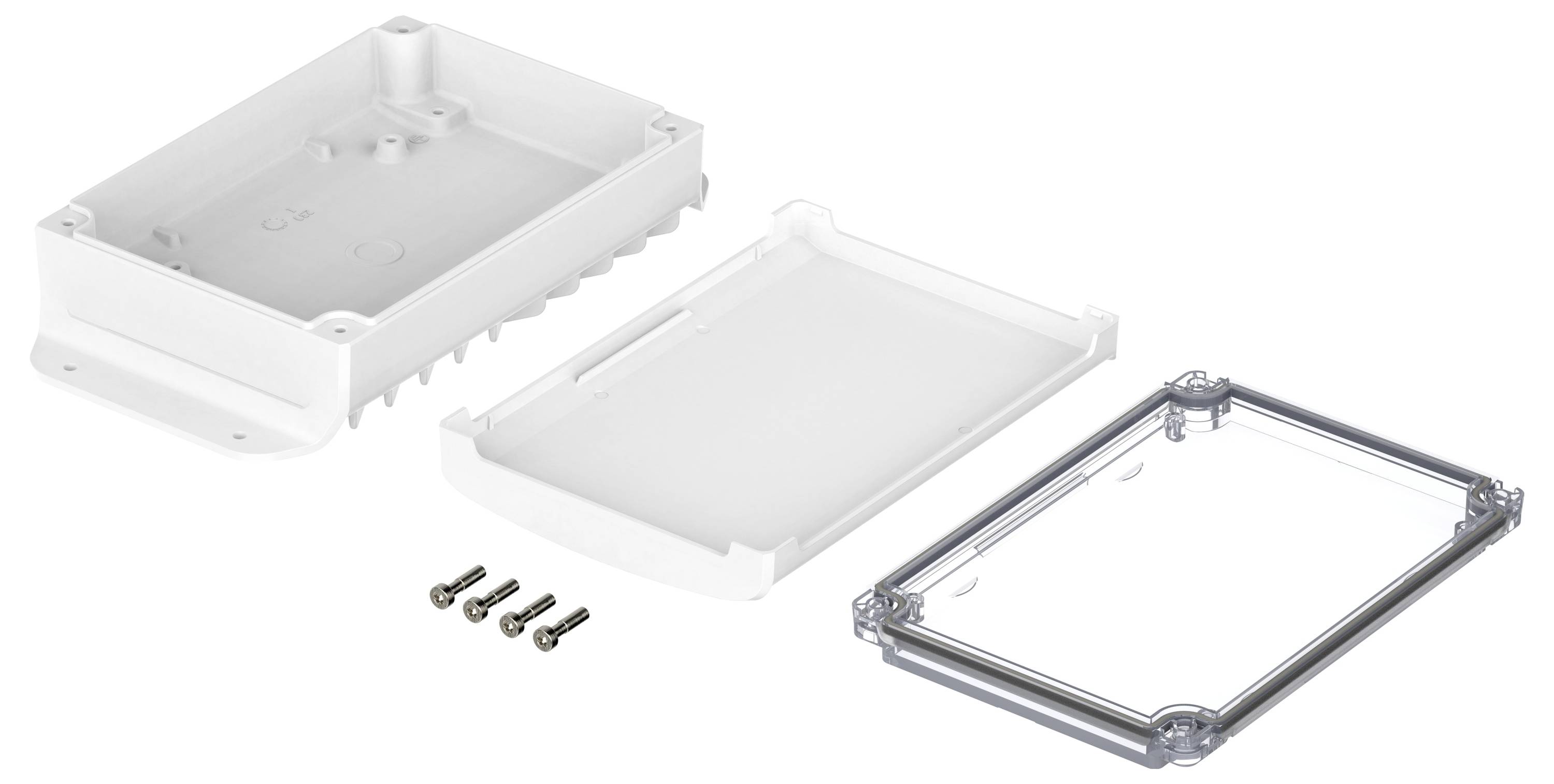 Ein rechteckiger Kunststoffkoffer in Einzelteilen: Gehäuse, Deckel, transparente Abdeckung und vier Schrauben.