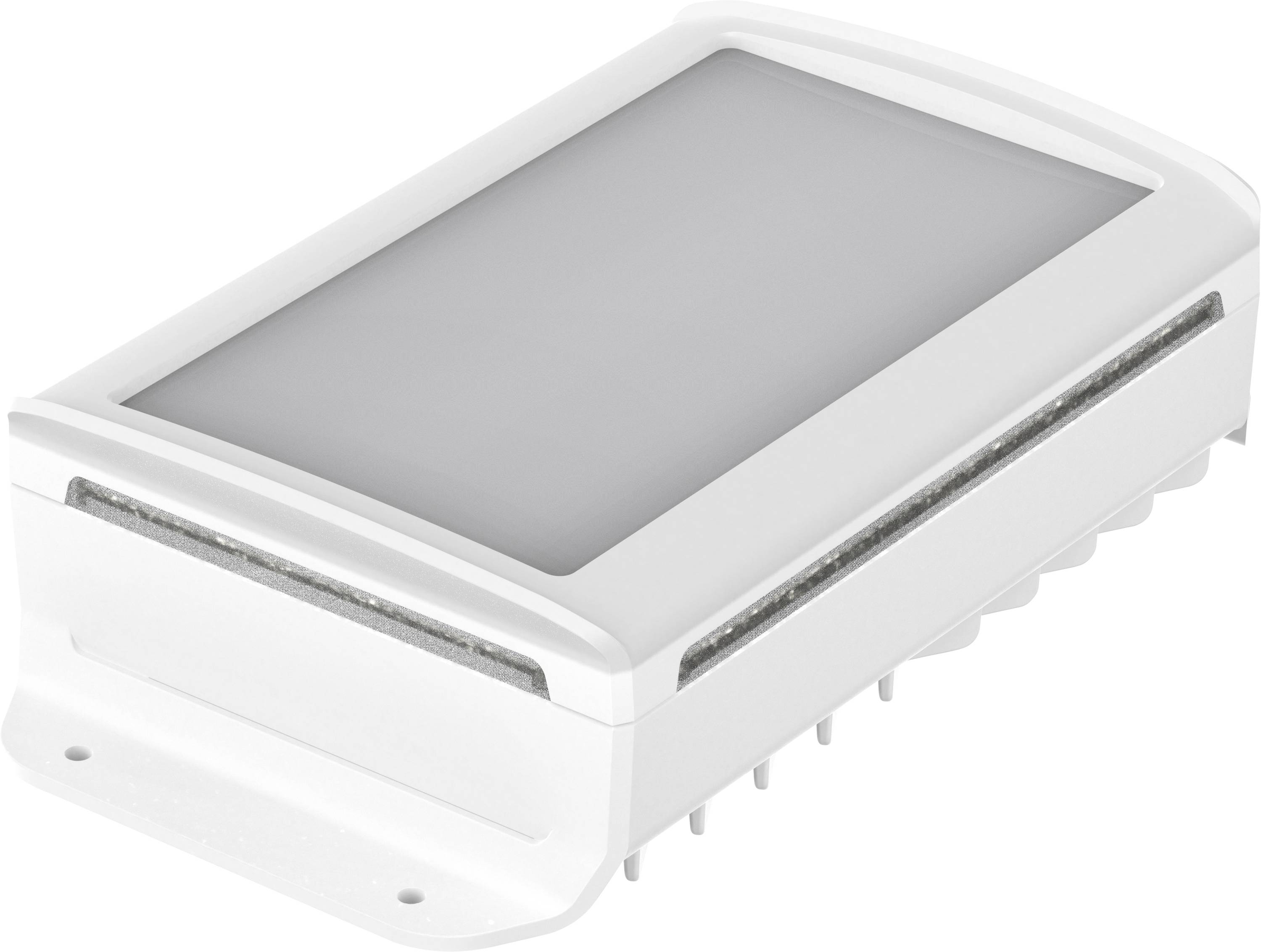 Weiße LED-Lichtbox mit glatter, rechteckiger Oberfläche und zwei Montagelöchern an der Basis.