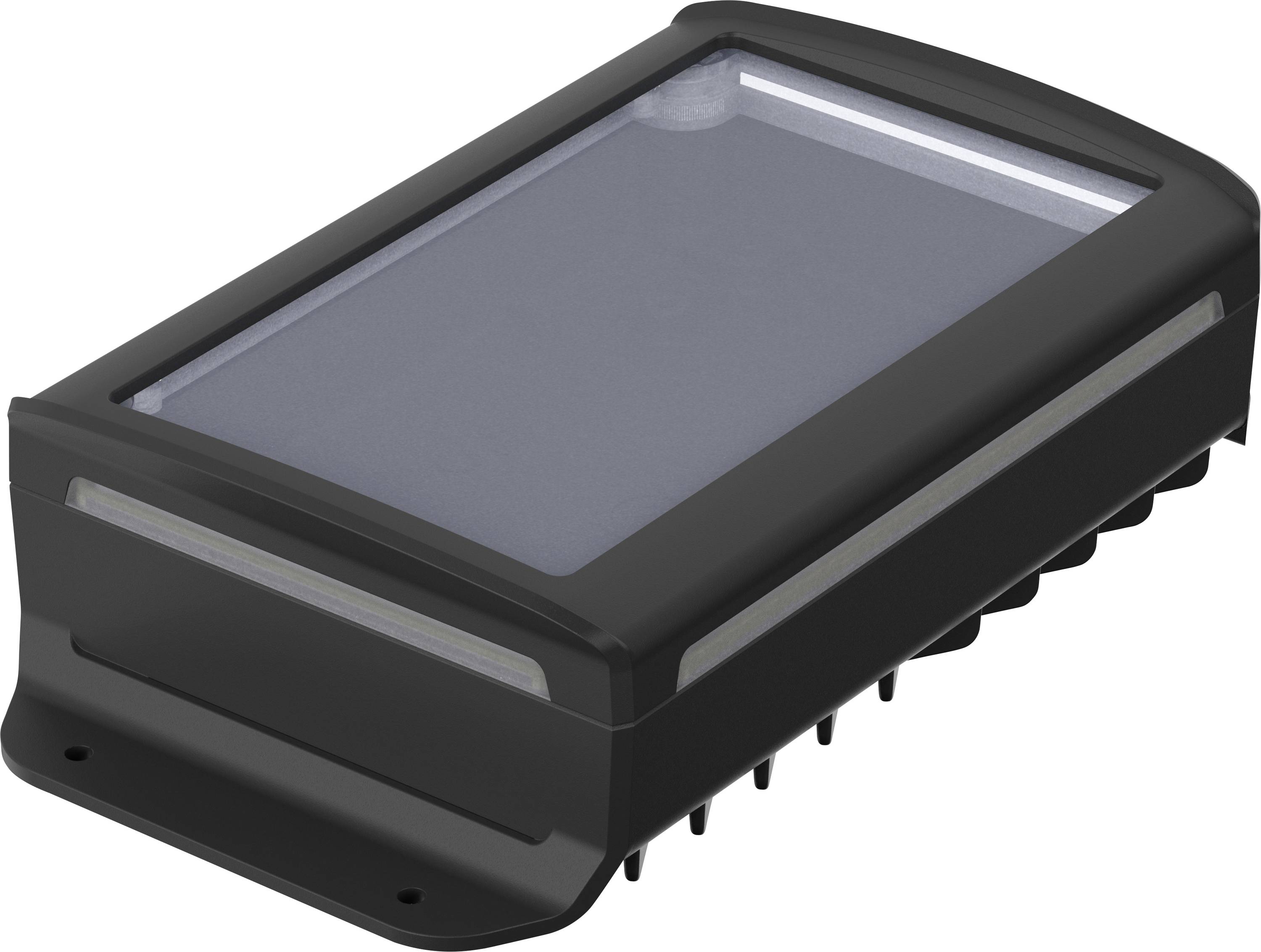 Ein rechteckiges, schwarzes elektronisches Gerät mit durchsichtiger Abdeckung und Montagesockel.