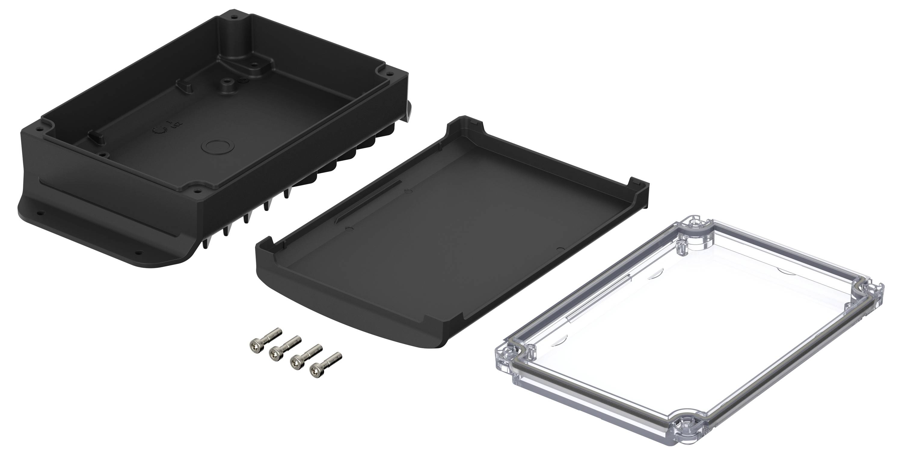 Ein schwarzes, rechteckiges Gehäuse aus drei Teilen: Basis, Mittelteil und transparenter Deckel, daneben vier Schrauben.