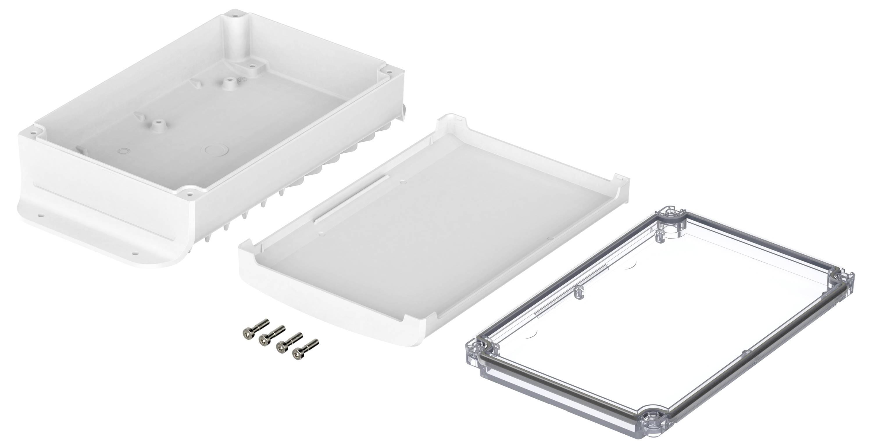 Ein rechteckiges, zerlegtes Gehäuse aus Kunststoff und Metall, bestehend aus einem Deckel, Boden und vier Schrauben.