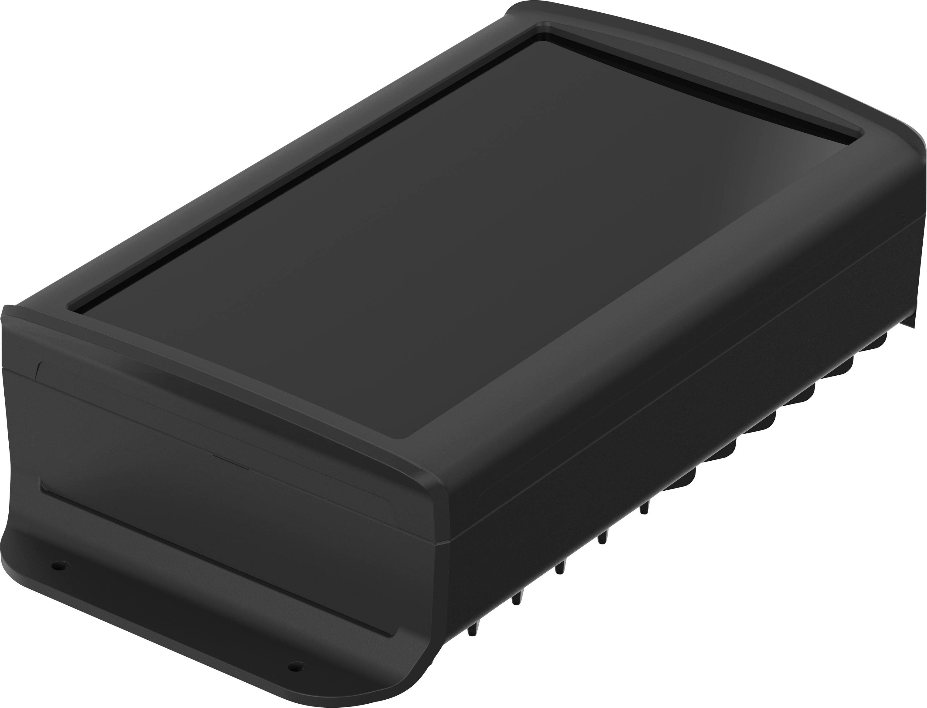 Ein schwarzes elektronisches Gerät mit rechteckiger Form, möglicherweise ein GPS-Tracker, hervorgehoben auf weißem Hintergrund.