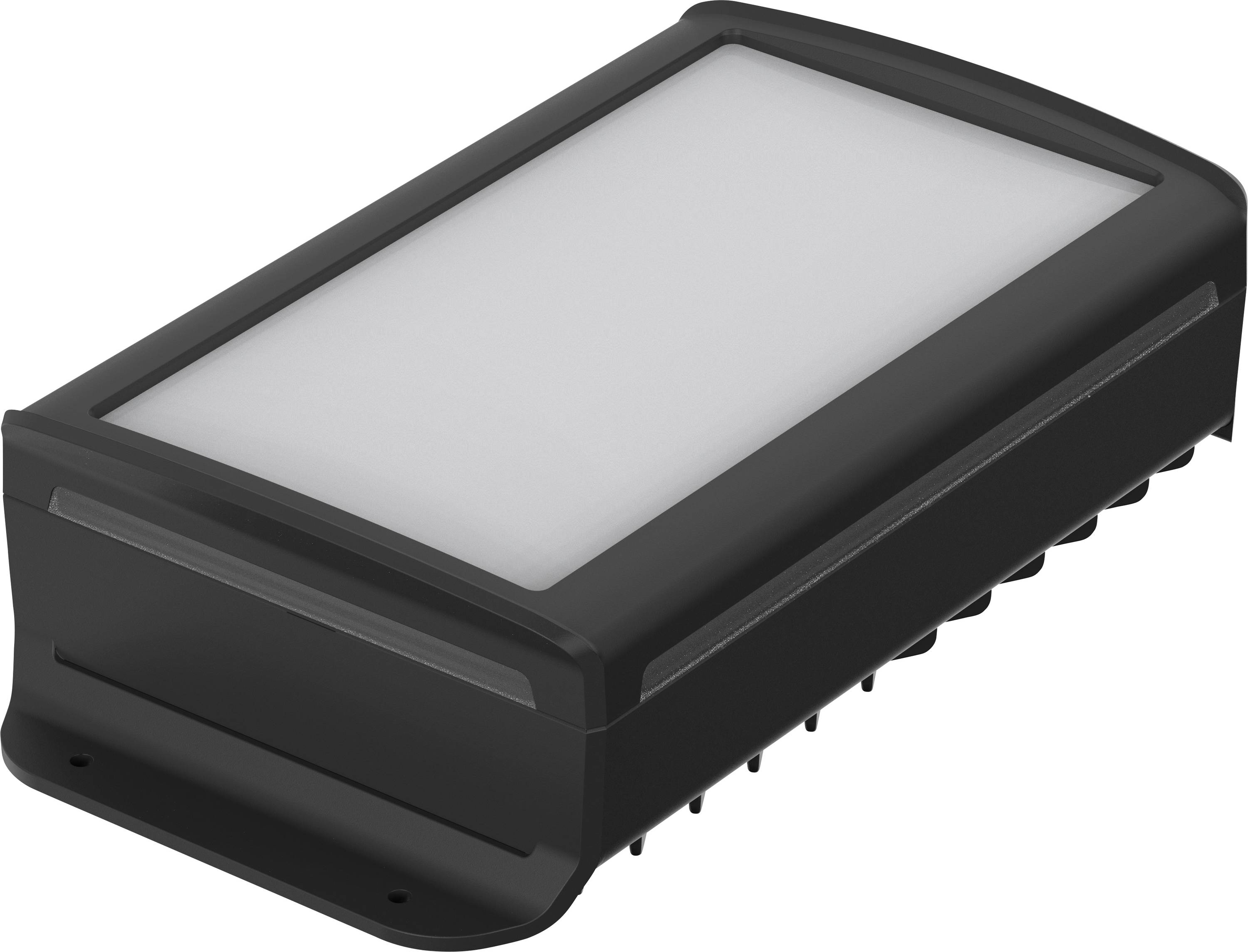 Schwarzes, rechteckiges LED-Licht mit diffuser Oberfläche, geeignet für Innen- oder Außenbeleuchtung. Modernes, schlichtes Design.