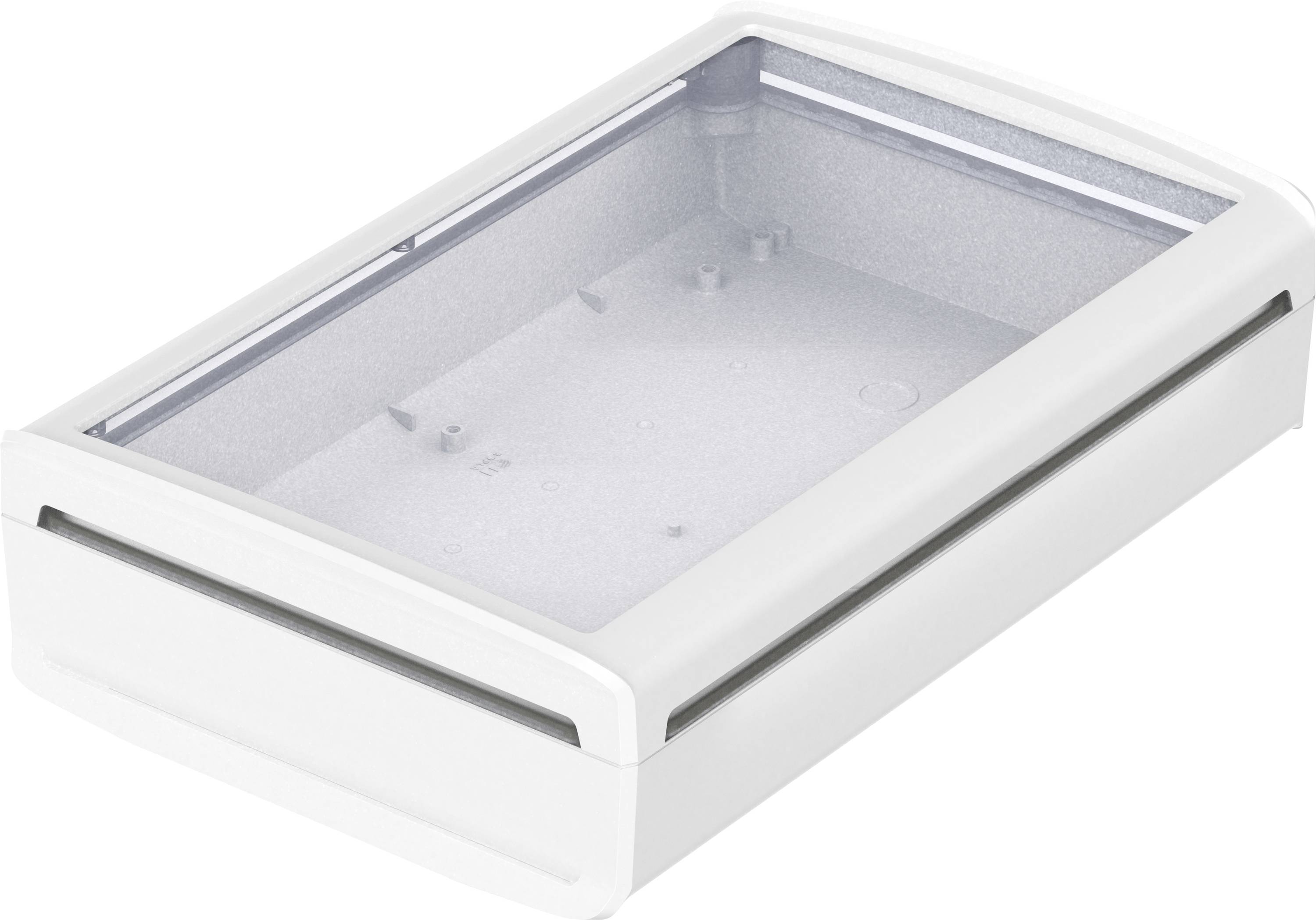 Eine weiße Kunststoffbox mit transparentem Deckel, in rechteckiger Form. Der Innenraum ist leer und für die Aufbewahrung geeignet.