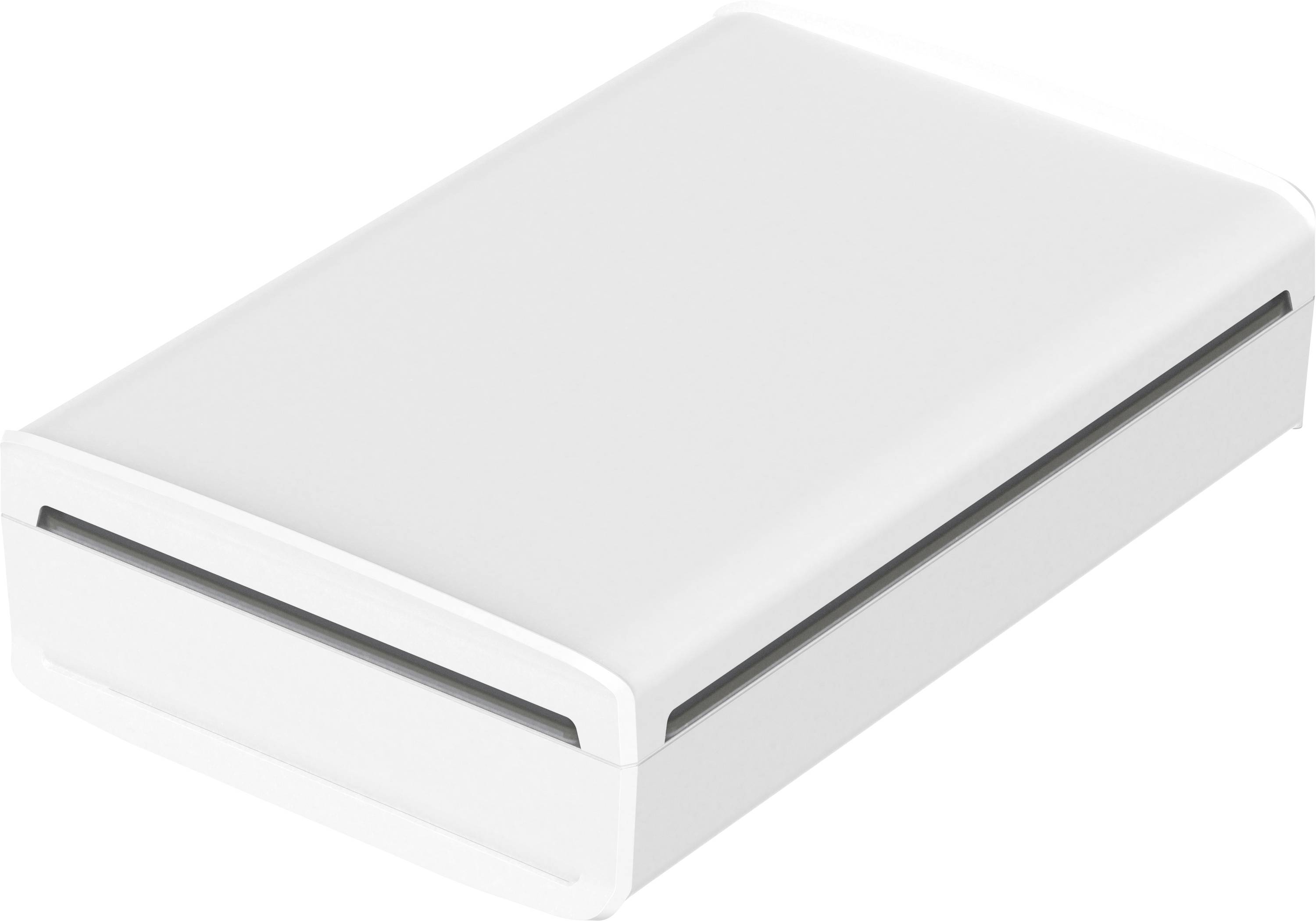 Weiße externe Festplatte mit glatten Kanten und minimalistischem Design. Ideal zur Datenspeicherung und -sicherung.