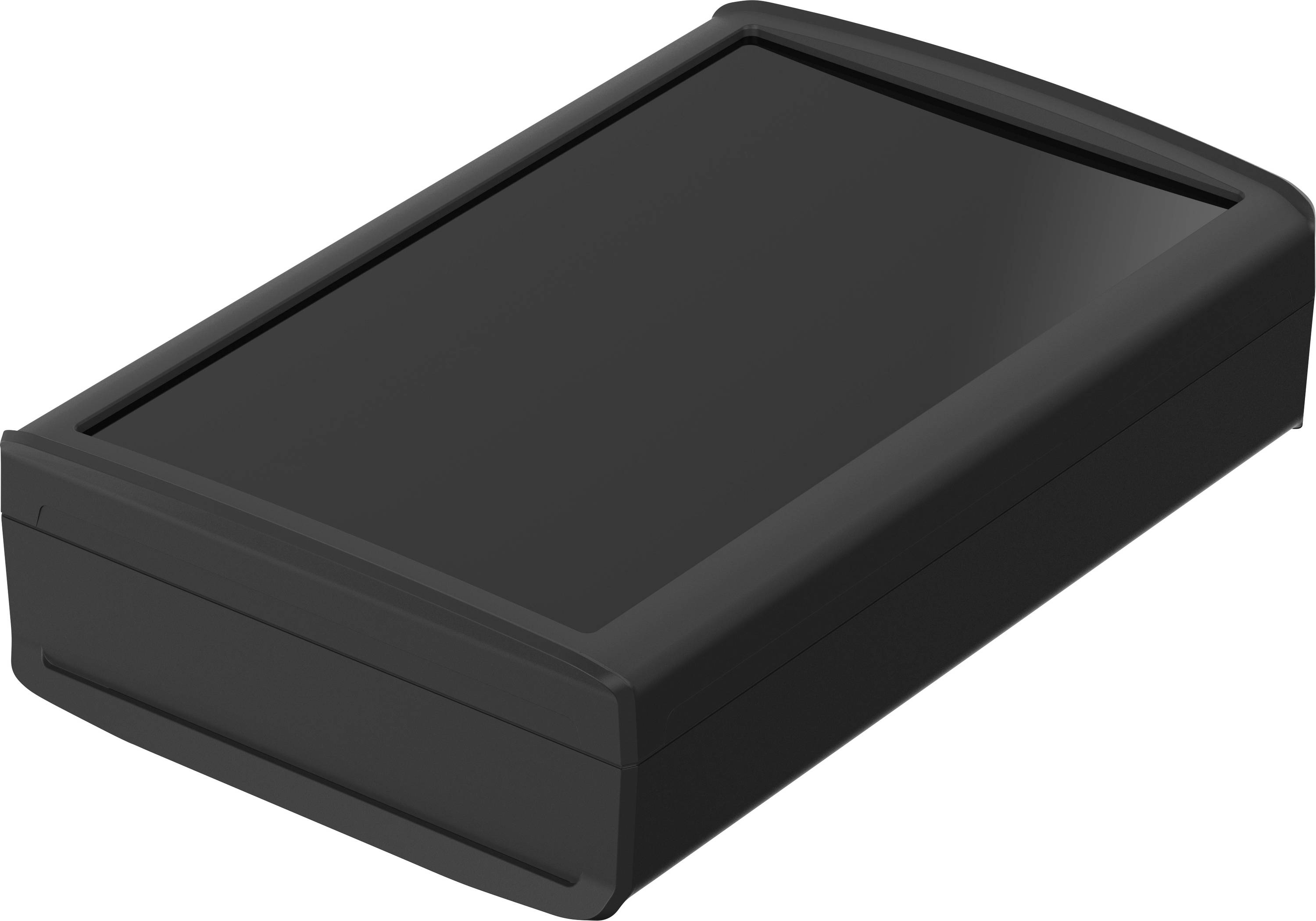 Schwarzes, rechteckiges Gehäuse mit abgerundeten Kanten, vermutlich für elektronische Geräte oder Speichermedien.