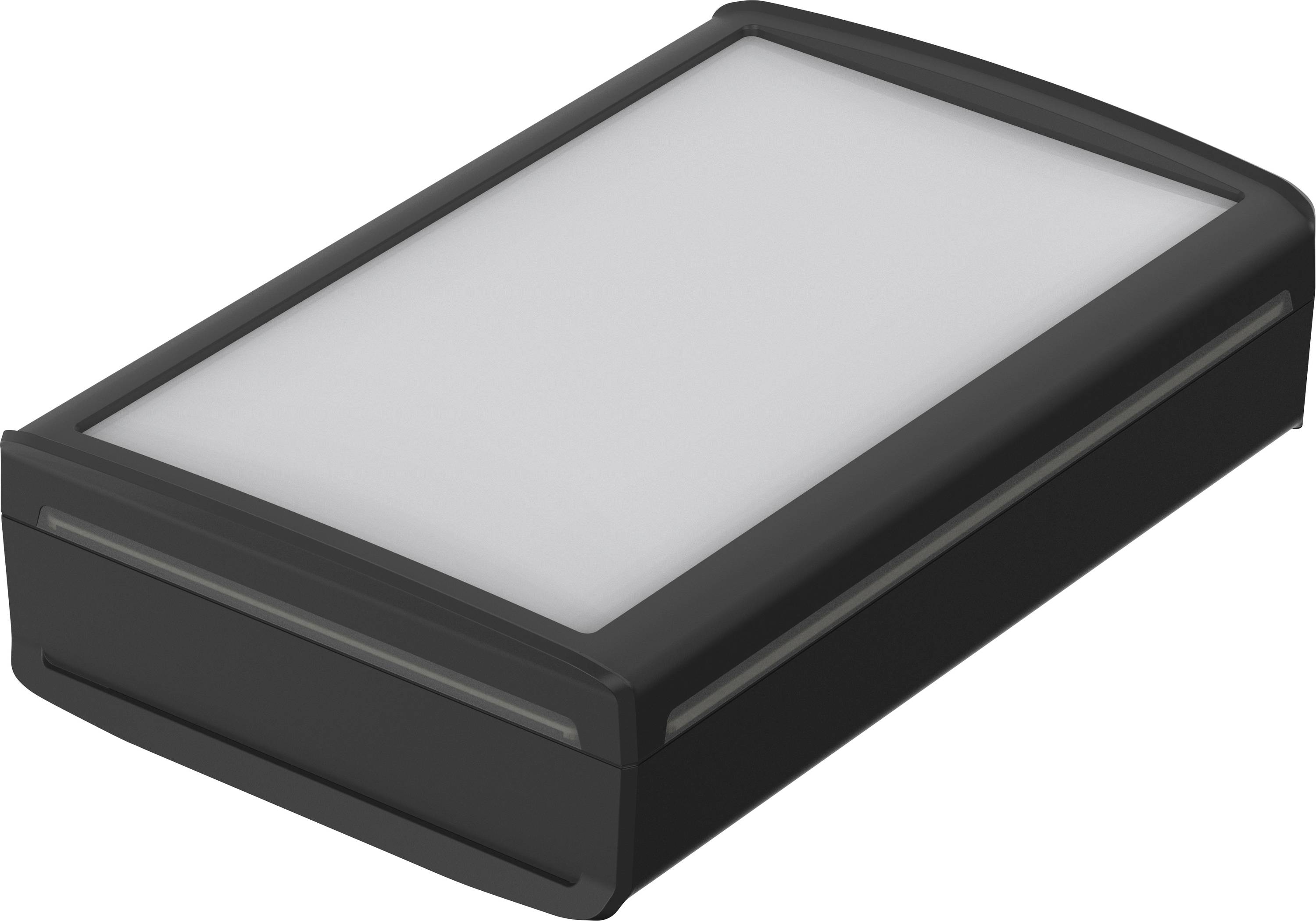 Eine rechteckige schwarze Box mit einer weißen Oberfläche, möglicherweise eine Leuchte oder ein elektronisches Gerät.
