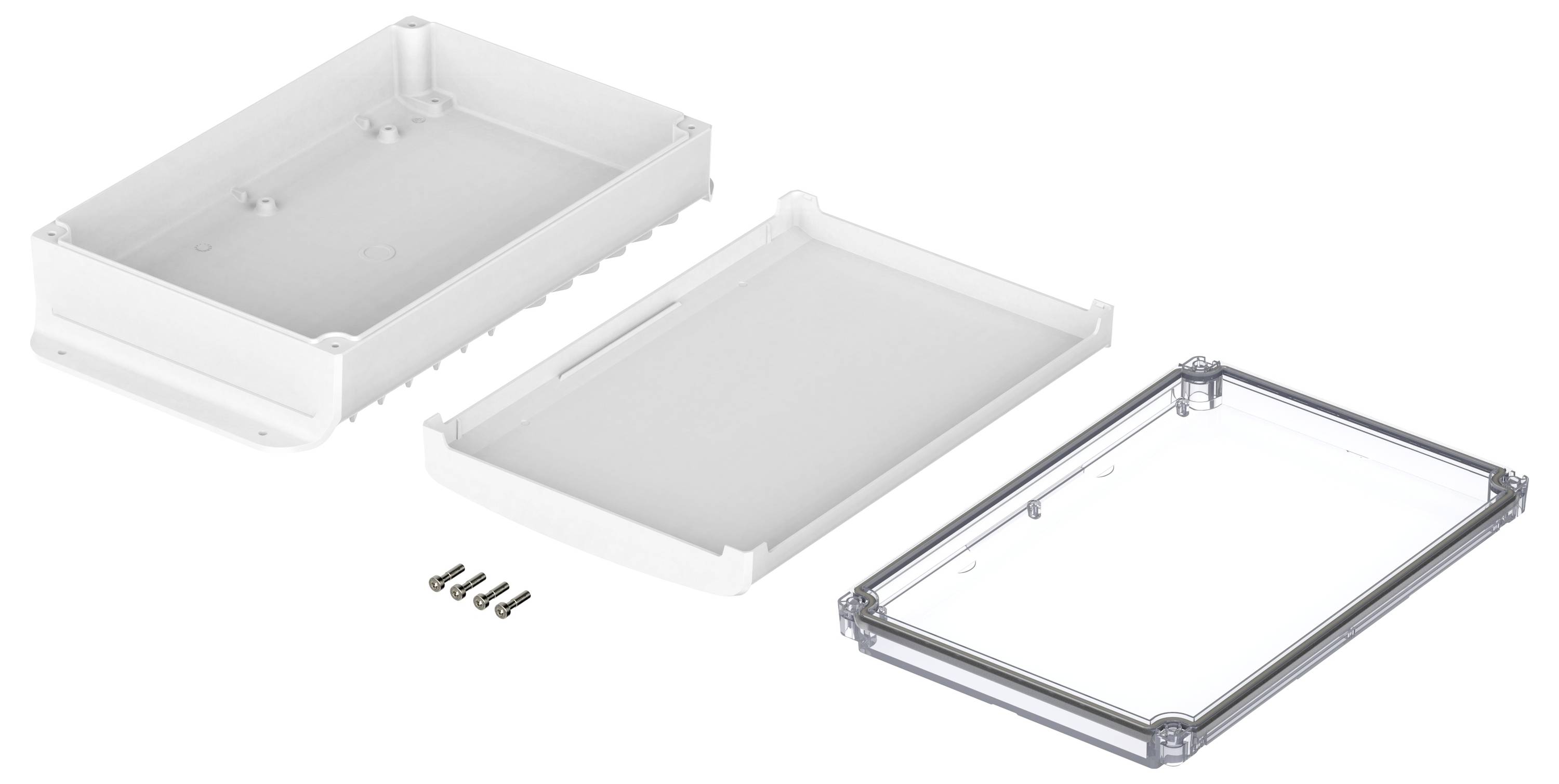 Gehäuse-Set aus Kunststoff, bestehend aus zwei weißen Teilen und einem transparenten Deckel, inklusive fünf Schrauben.