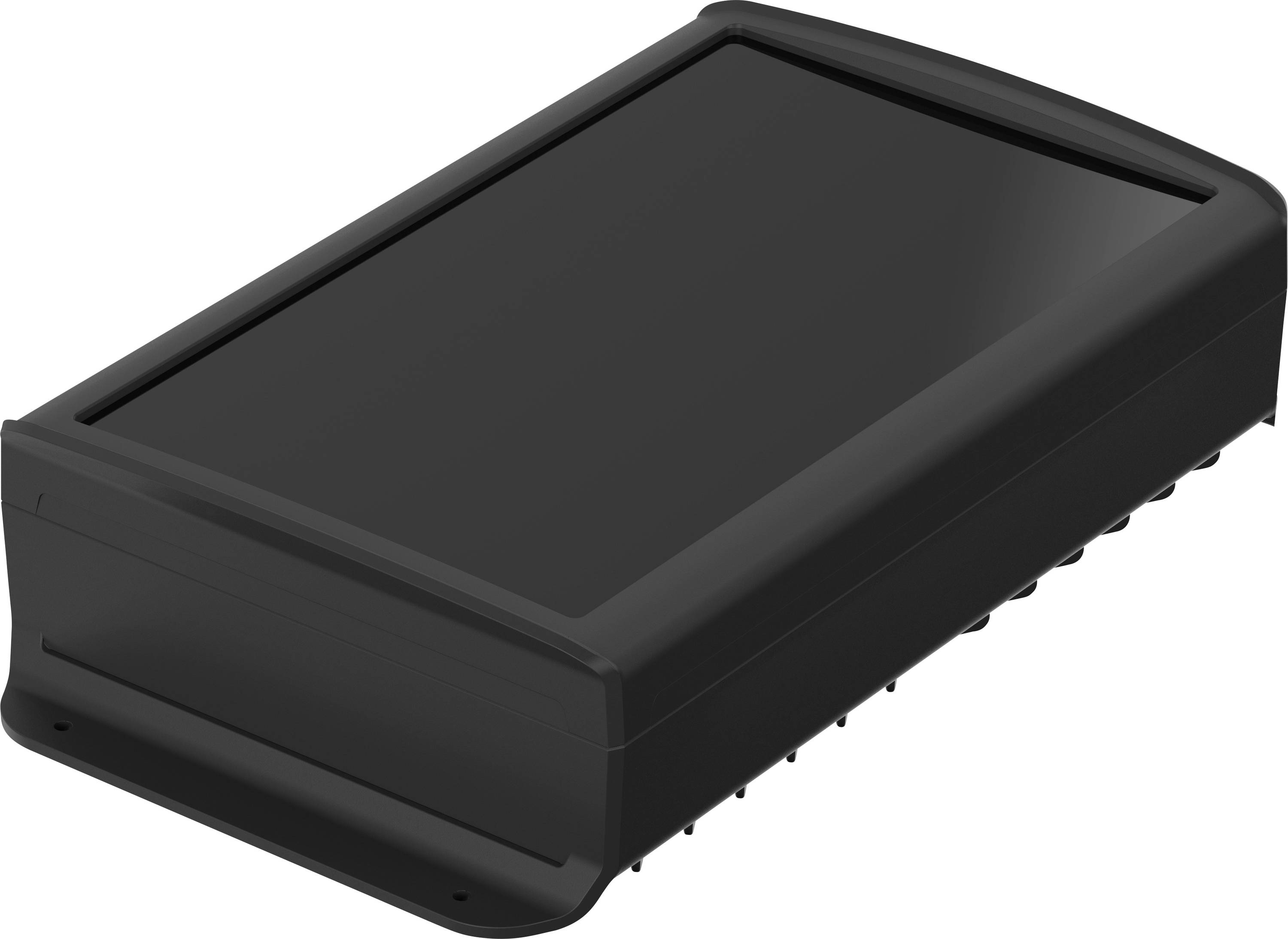 Ein schwarz glänzendes, rechteckiges Gerät mit abgerundeten Ecken. Es hat eine flache Oberfläche, möglicherweise ein technisches Gerät.
