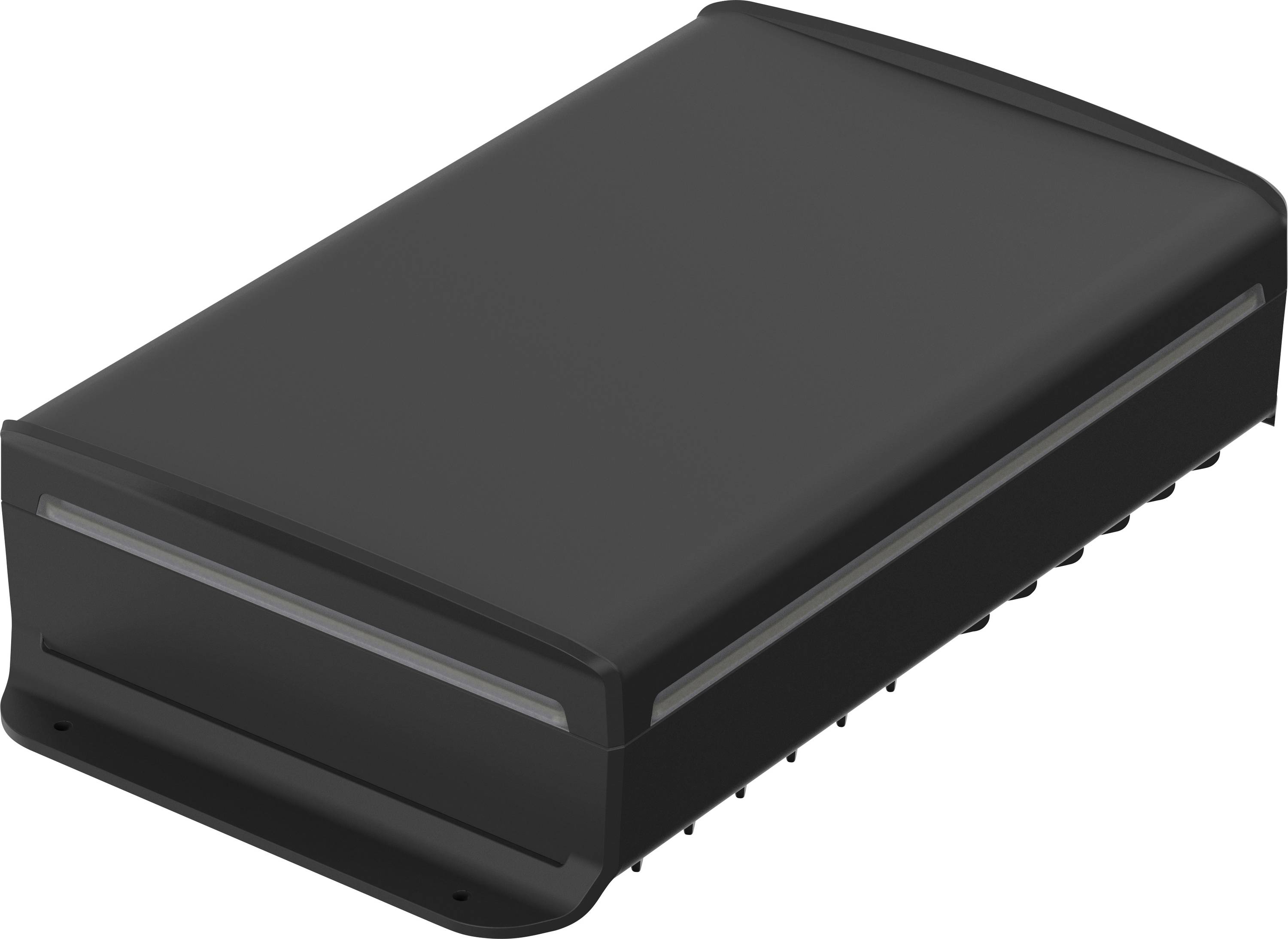 Ein schwarzes, rechteckiges, flaches Gerät, möglicherweise ein externer Speicher oder Router, mit leicht abgerundeten Kanten.