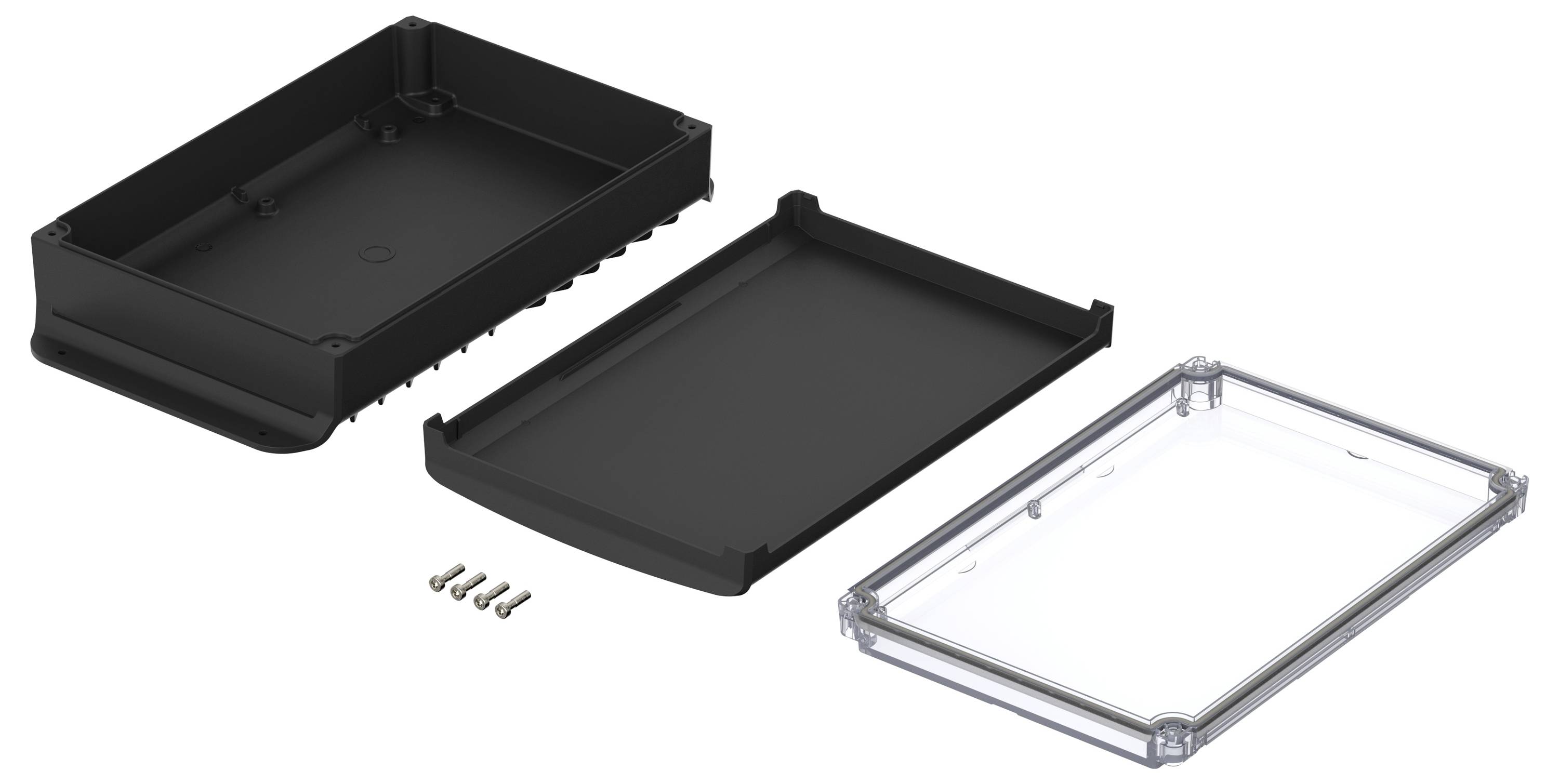 Zerlegte Ansicht eines rechteckigen Gehäuses mit schwarzem Boden, Deckel und transparenter Abdeckung. Schrauben sind separat abgebildet.