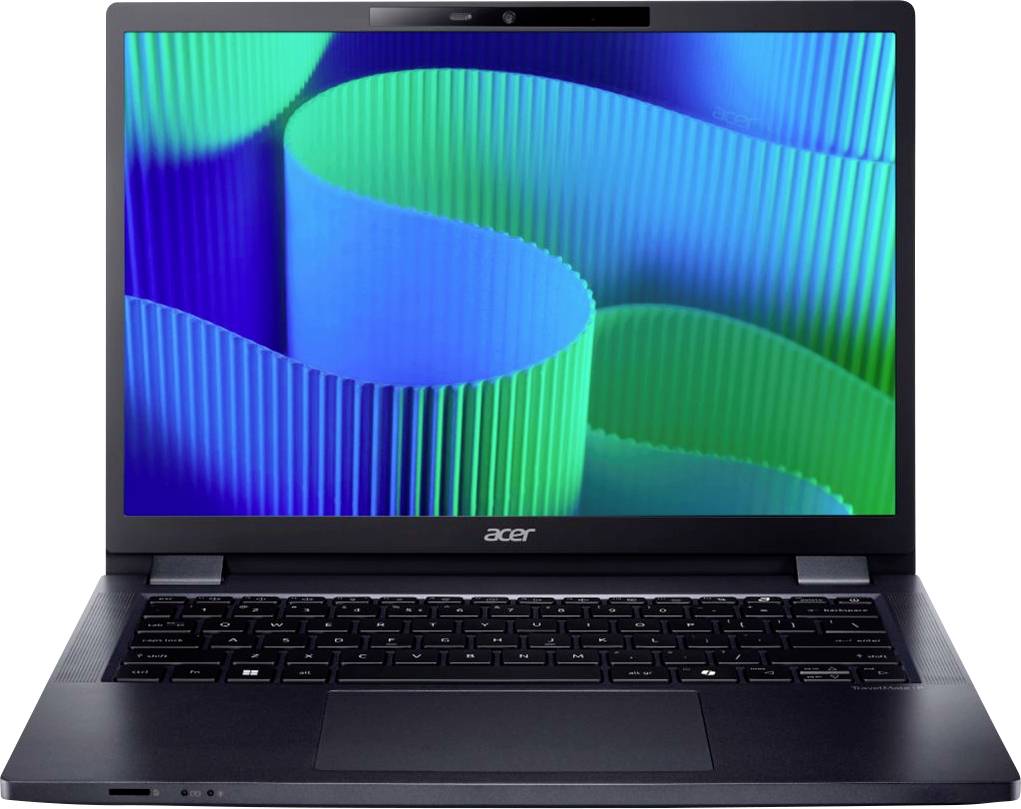 Ein Laptop mit einem blauen und grünen, wellenförmigen Hintergrundbild auf dem Bildschirm.