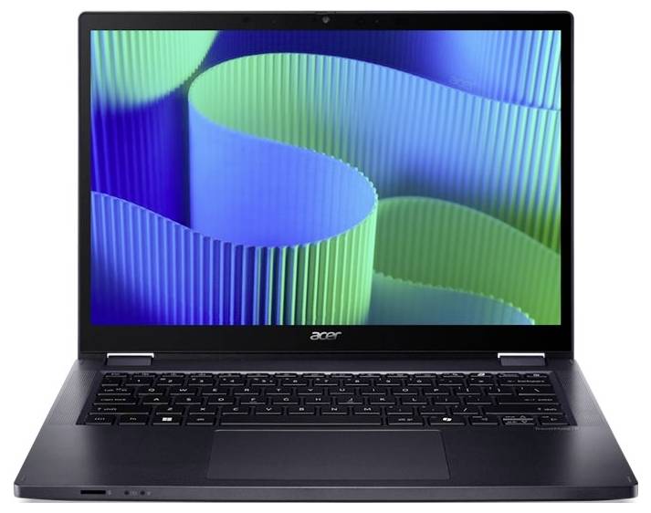 Ein Laptop mit geöffneter, bunter Spiralhintergrundbildanzeige. Er hat eine schwarze Tastatur und ist aus metallfarbenem Material gefertigt.