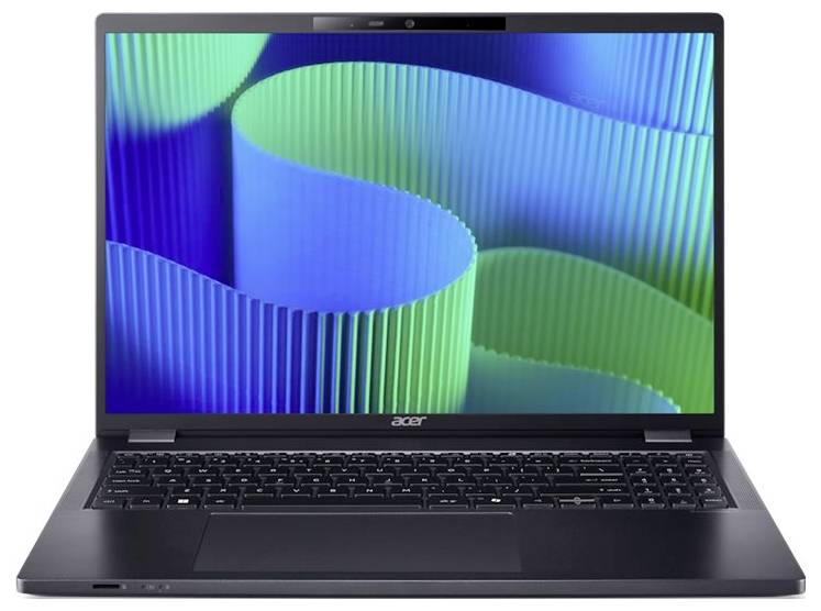 Ein Laptop mit offenem Bildschirm zeigt ein abstraktes, farbenfrohes Hintergrundbild mit geschwungenen Linien in Blau- und Grüntönen.